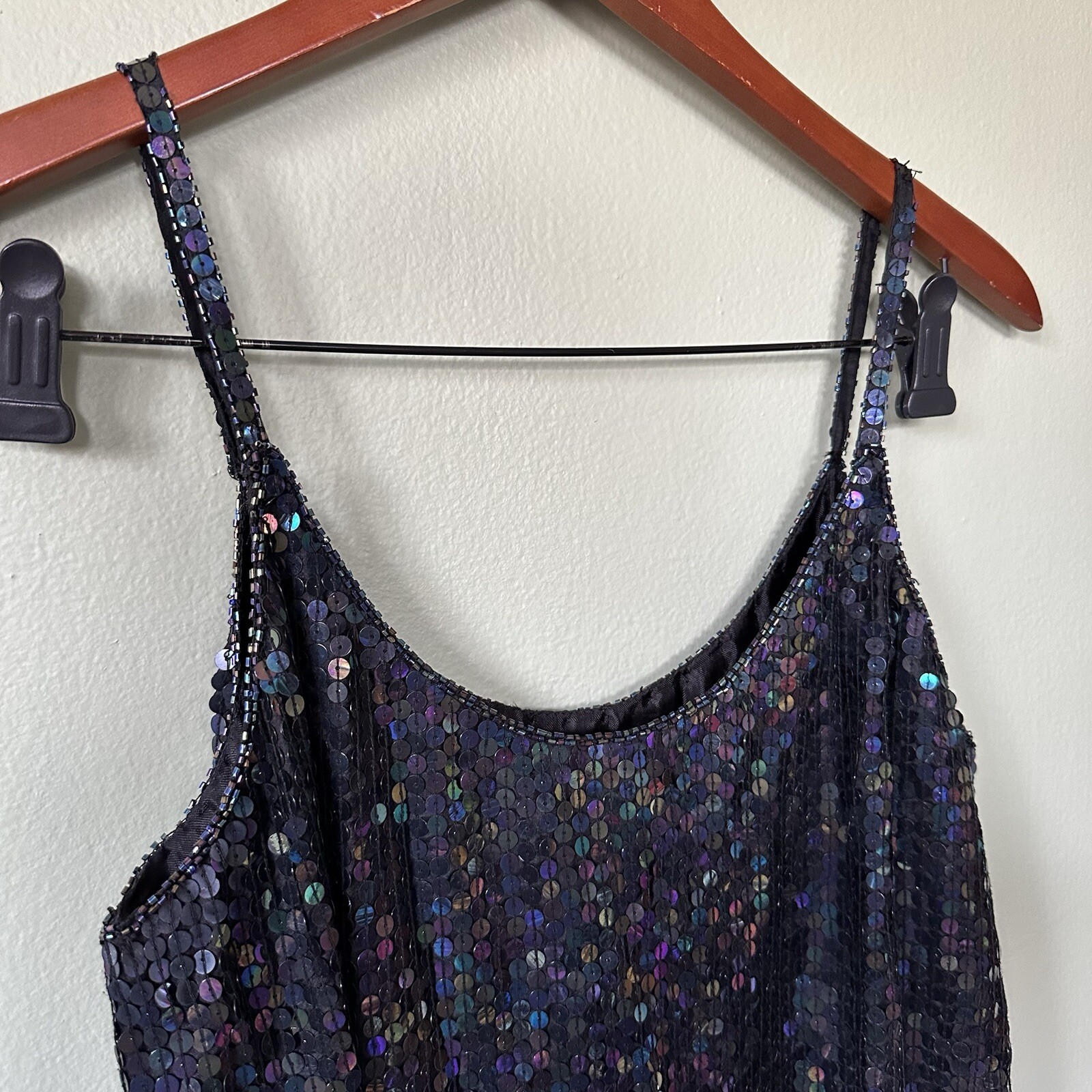 VTG 100% Silk Sequins Beaded Spaghetti Black Strap Top Spell Bound Size Medium