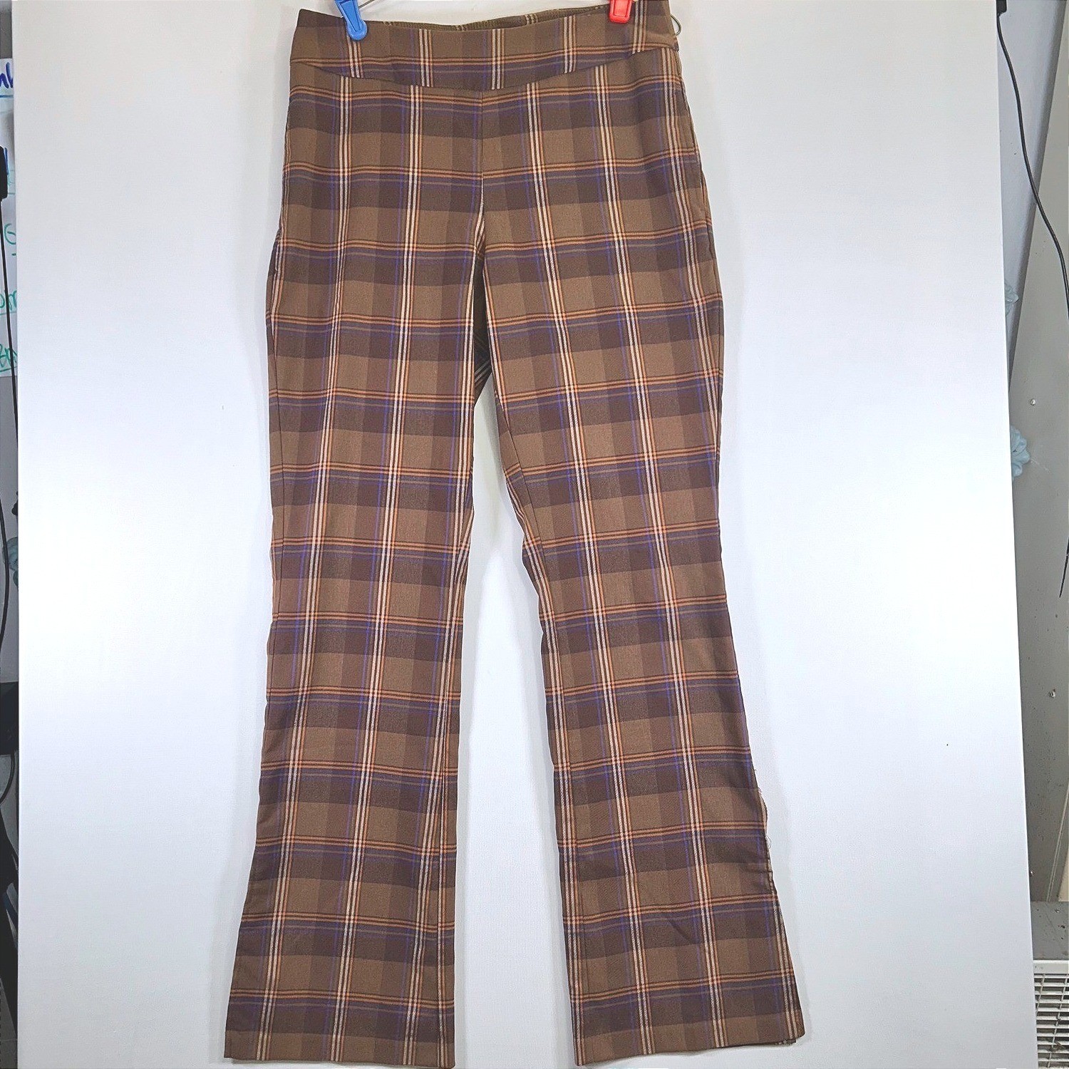Cato Brown Plaid Flare Pants Women Size 8 Mid Rise Stretch Trouser Retro Preppy