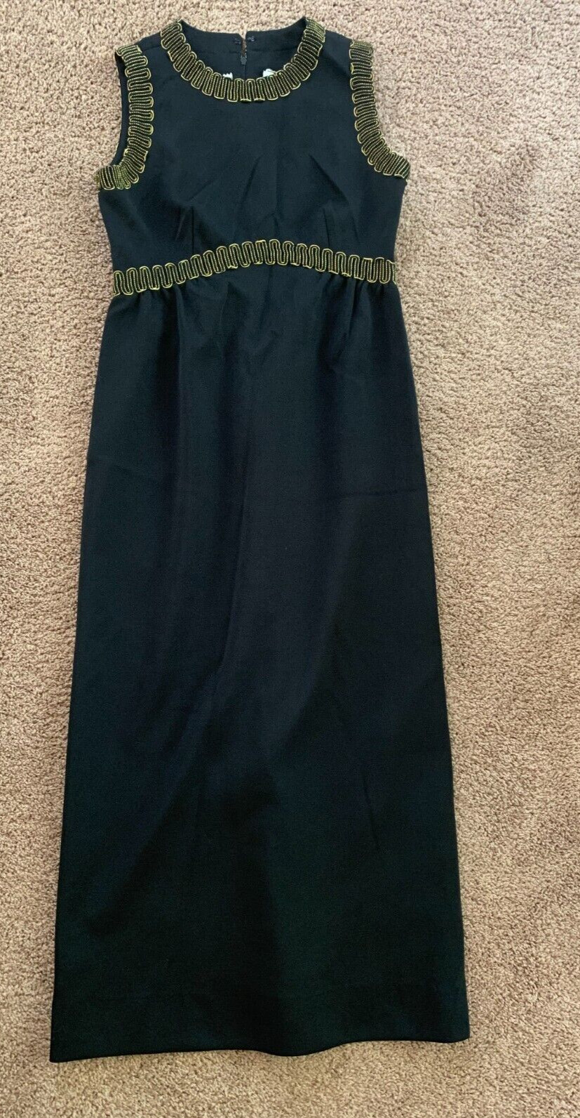 VTG LESLIE FAY KNITS Black W/Gold Trim Sleeveless Knit Maxi Dress 32″ Chest