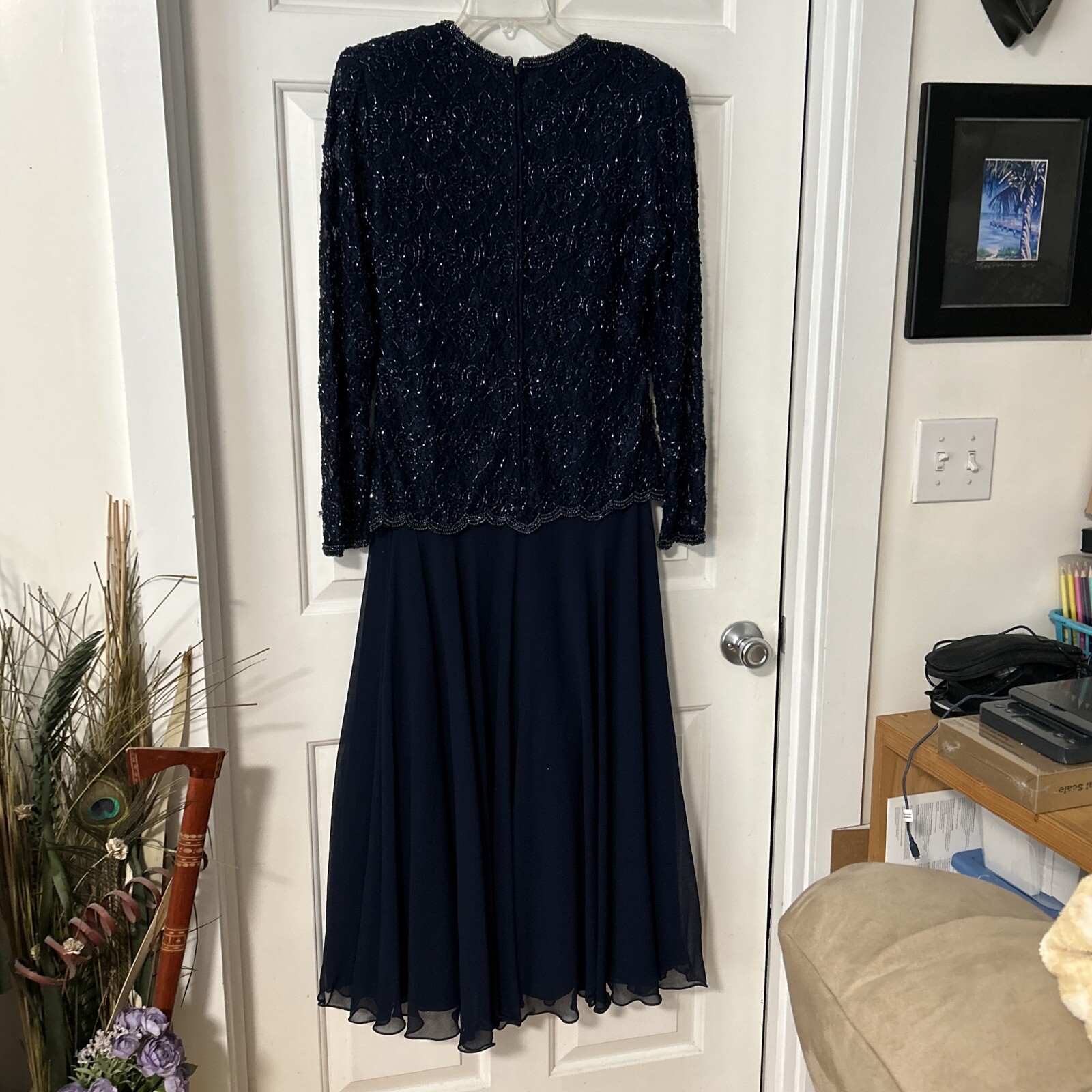 Vintage Brilliante By J.A. Navy Sequined Beaded Dress Medium