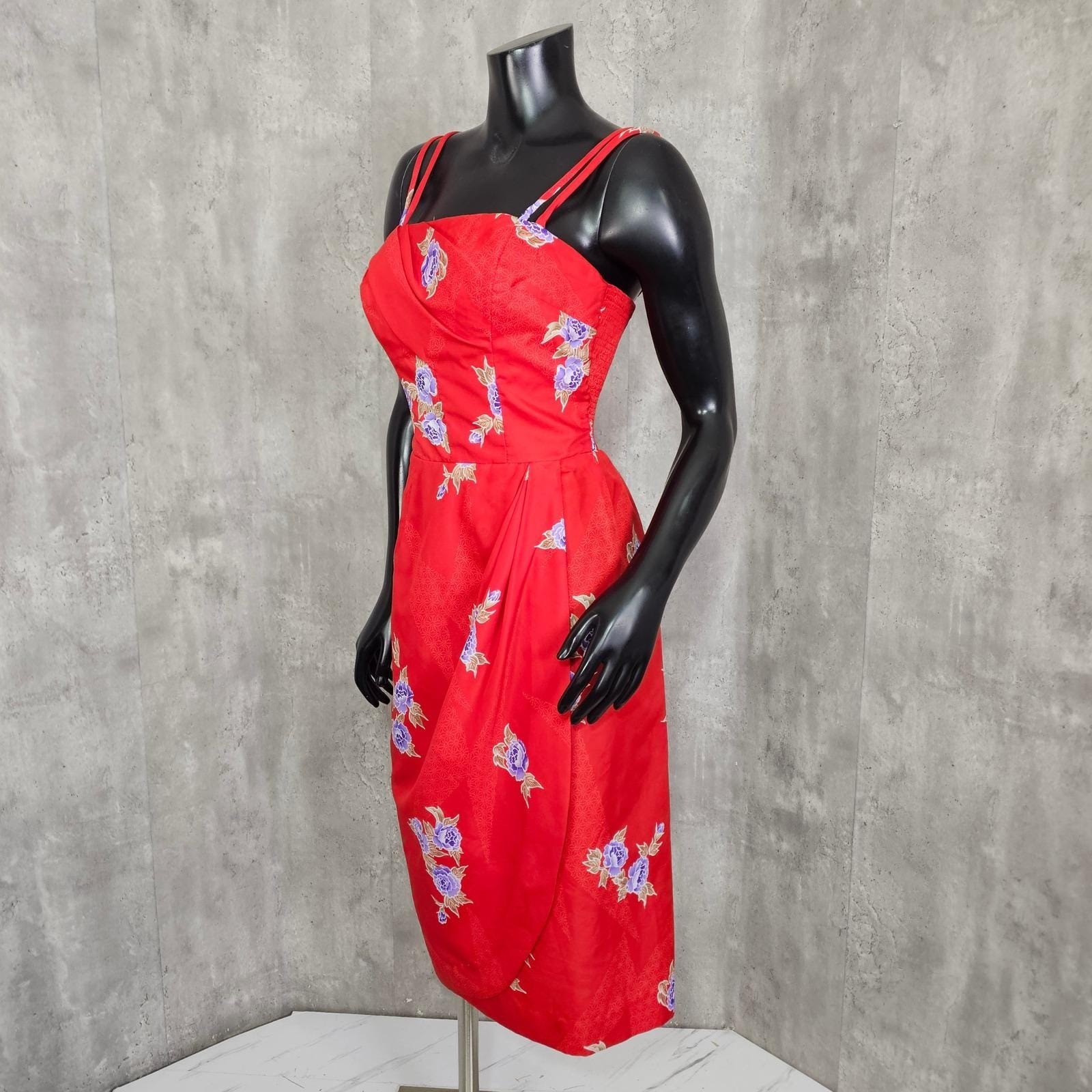 Vintage Paradise Hawaii Red Floral Hawaiian Sarong Dress Talon Zip Pinup Tiki