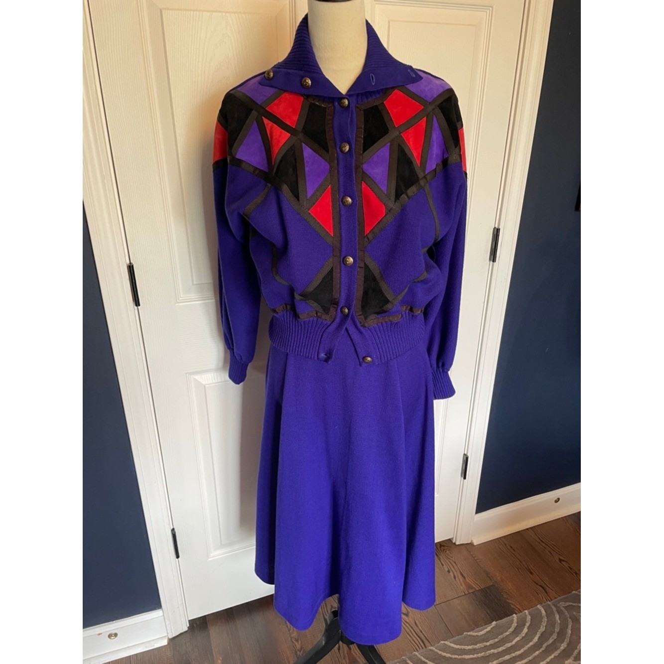 Vintage Claudia S. Drees Violet Knit Midi Skirt & Cardigan Set Size Small