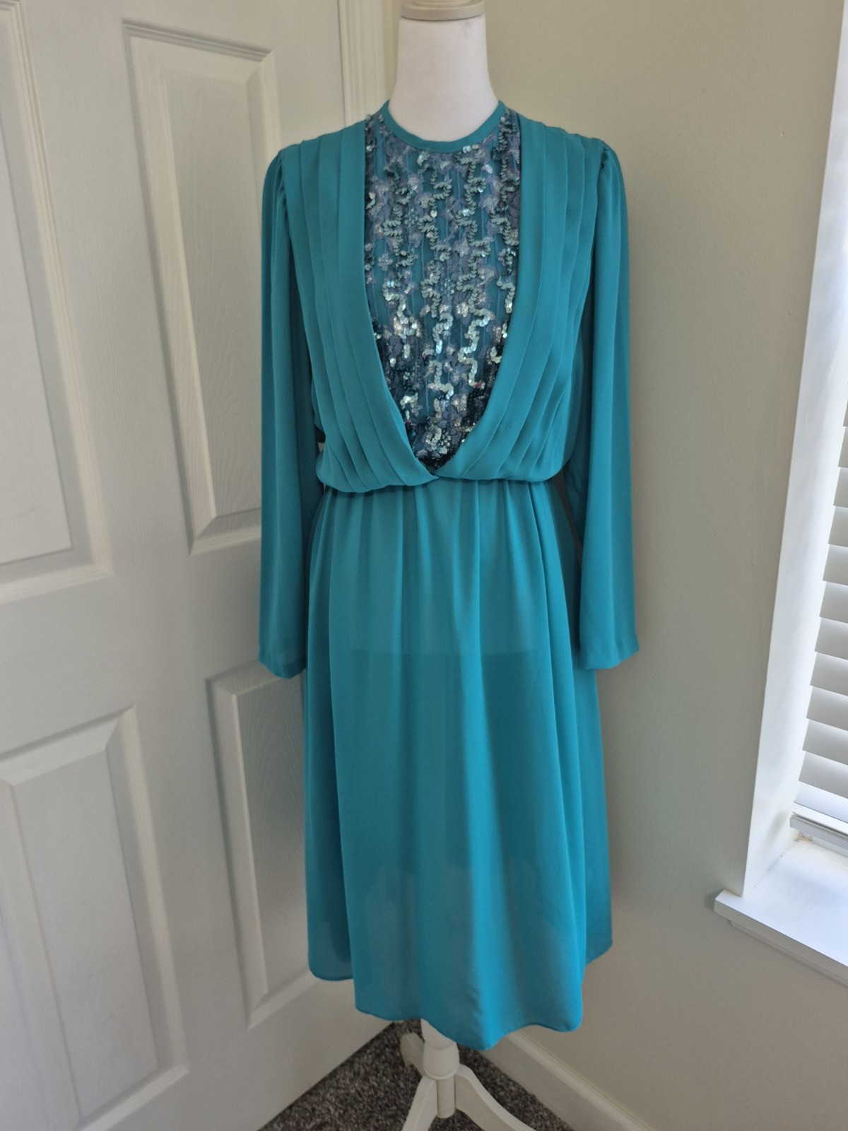 Vintage 70s 80s Cathy Sue Teal Sequin Illusion Midi Dress Pleated M/L