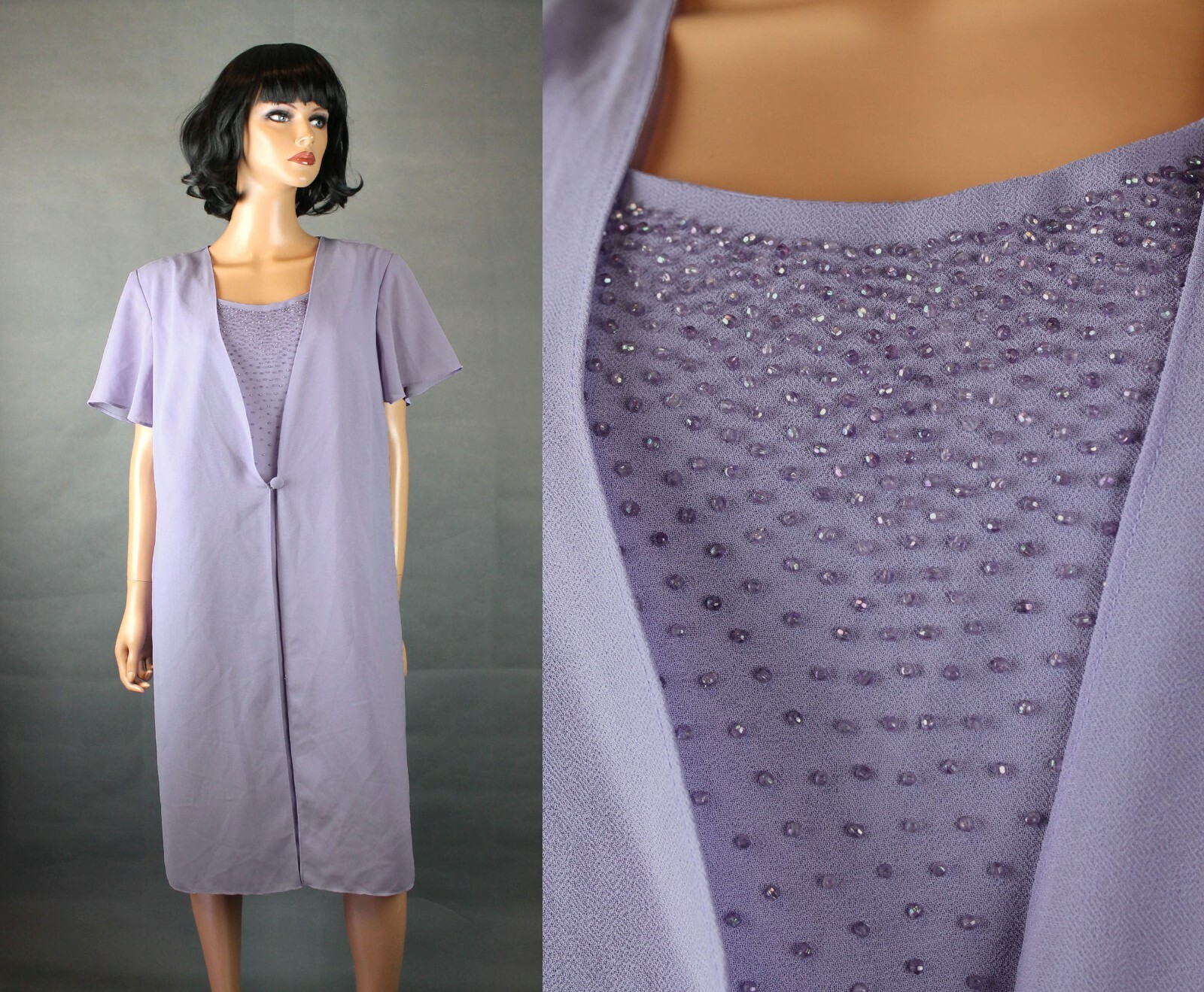 Vintage Formal Dress XL 80s 90s Purple Beaded Cocktail Mother of the Bride Prom
