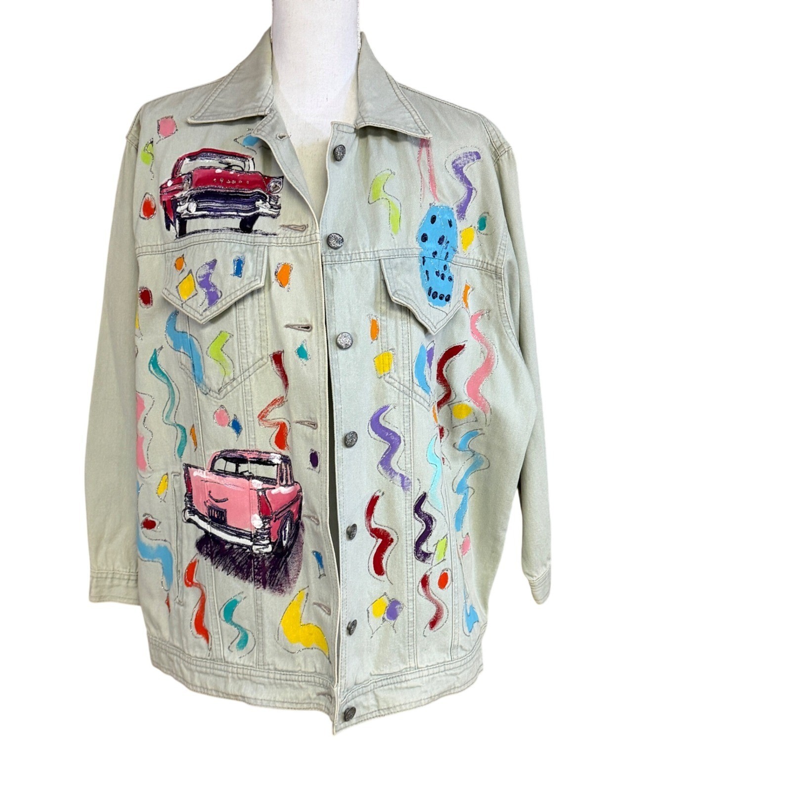 Vintage Hand Painted Denim Jacket Retro Cars Art Oversized XL OOAK