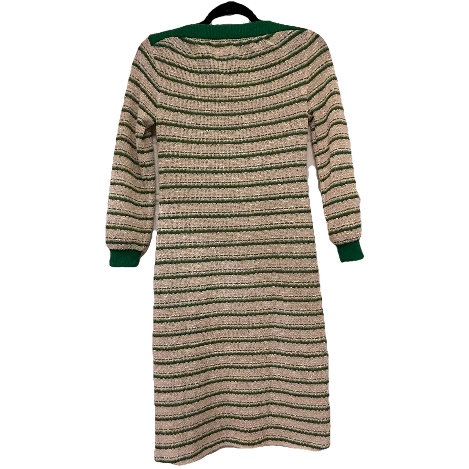 Vtg 1970 Jerell of Texas Green Beige Metallic Striped Sweater Sheath Dress Sz 5