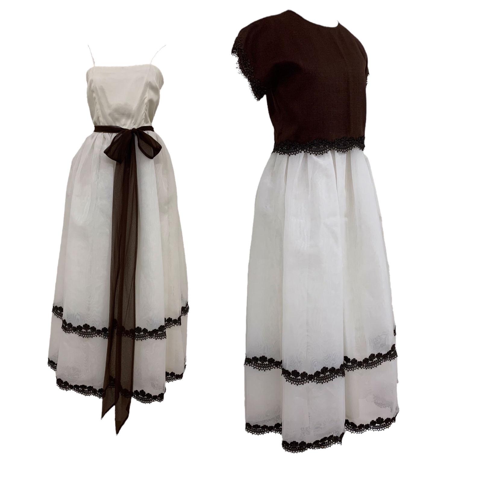 Vtg Vintage 1970s 70s William Pearson White and Chocolate Formal Gown w Shell