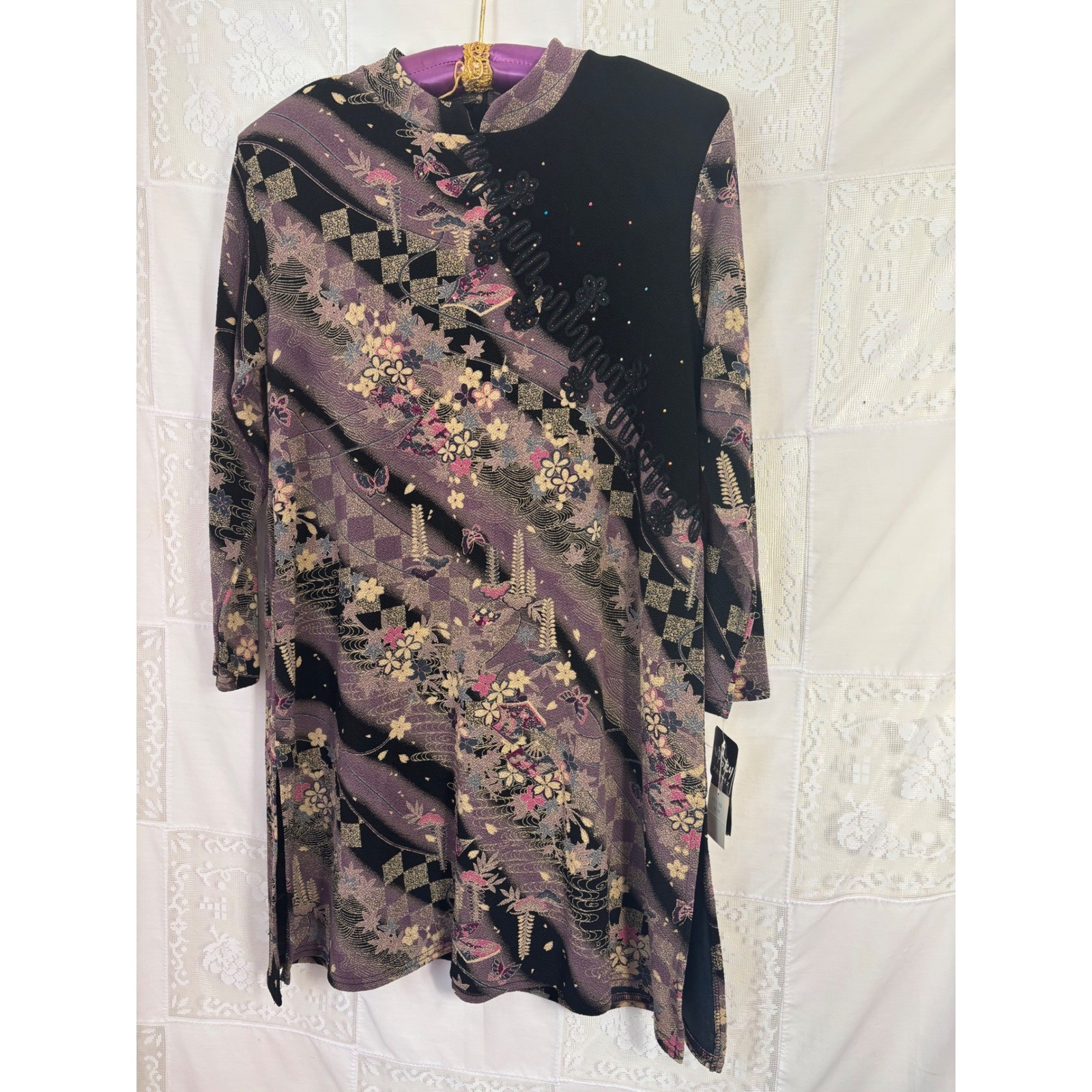 VTG NWT Asian Inspired Black Butterfly Artsy Cheongsam Mini Dress Size L