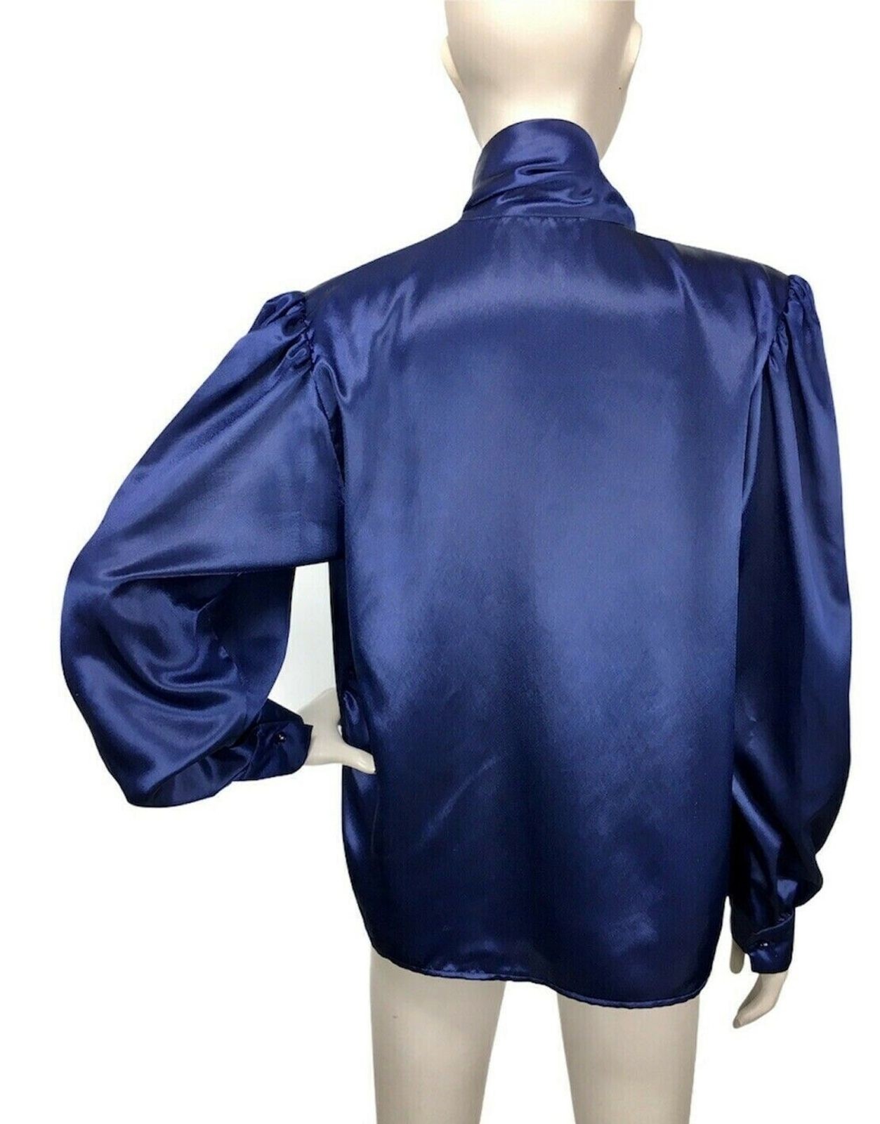 Vintage Jewel Tone Cobalt Satin Puff Poet Balloon Sleeve Neck-Tie Bow Blouse