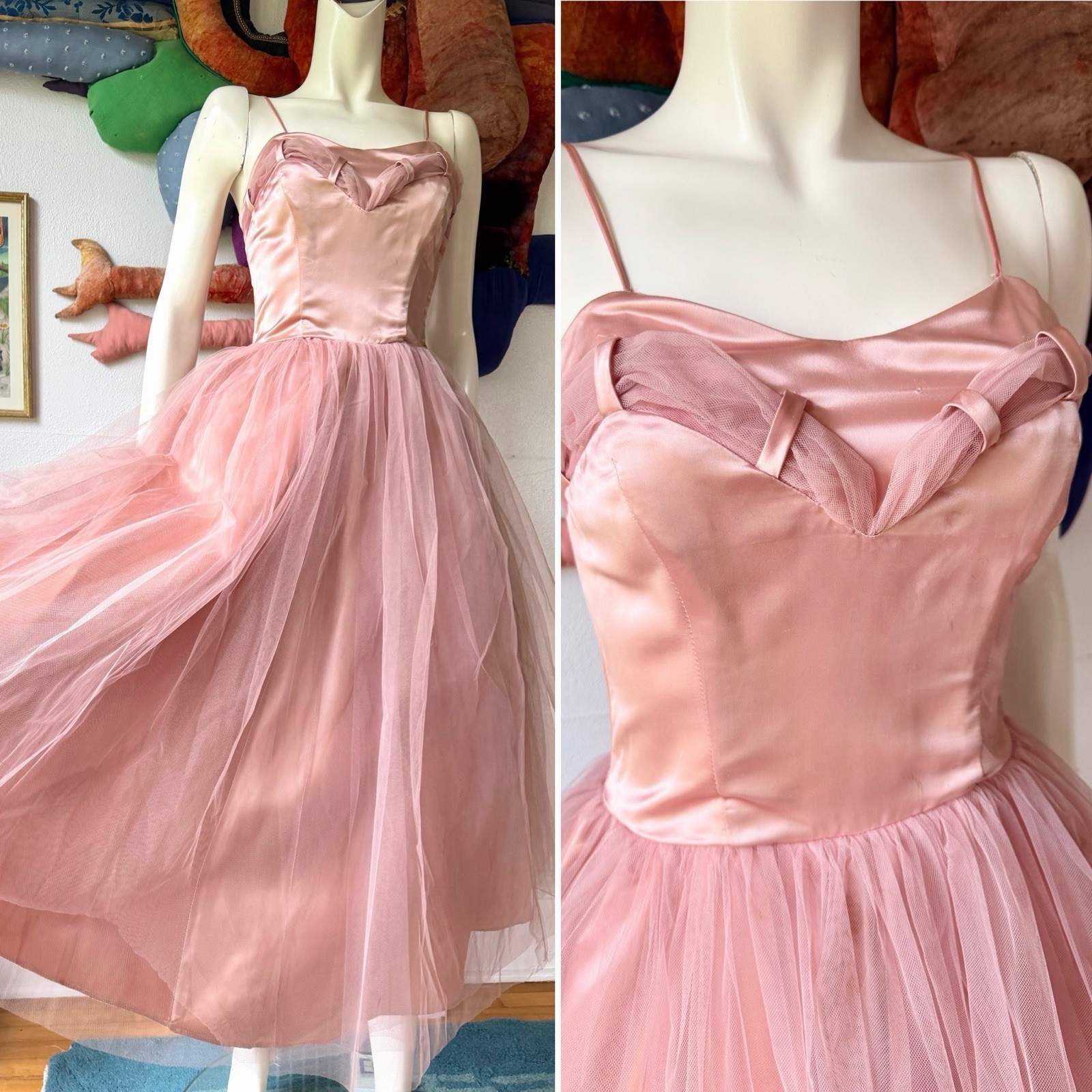 READ! Vintage 1950s PINK DRESS Bolero Full Tulle Skirt Ballet Satin Set Formal