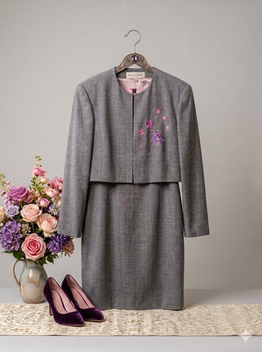 VTG Donna Ricco Gray Dress Jacket Suit Set Embroidered Tweed Look Pink Lined