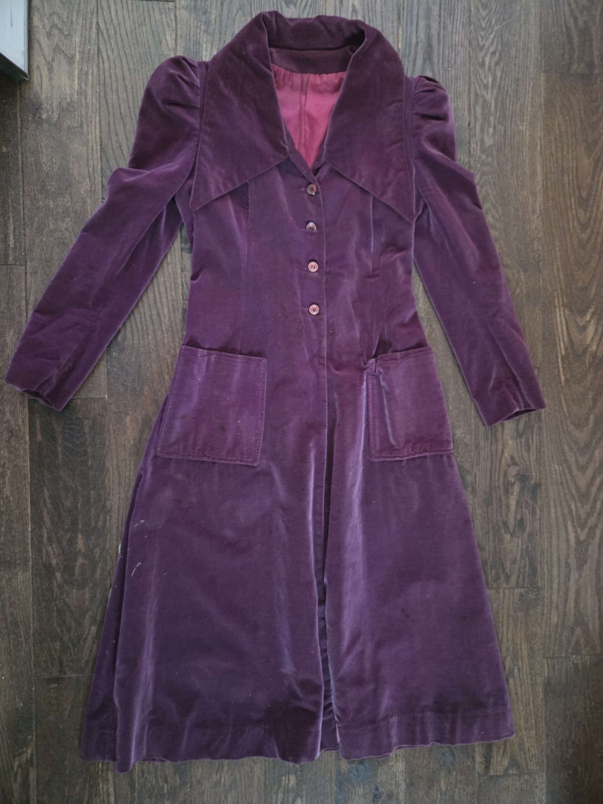 Vintage 1940s Plum Purple Cotton Velvet Coat Dress Puff Sleeve Oversized Collar