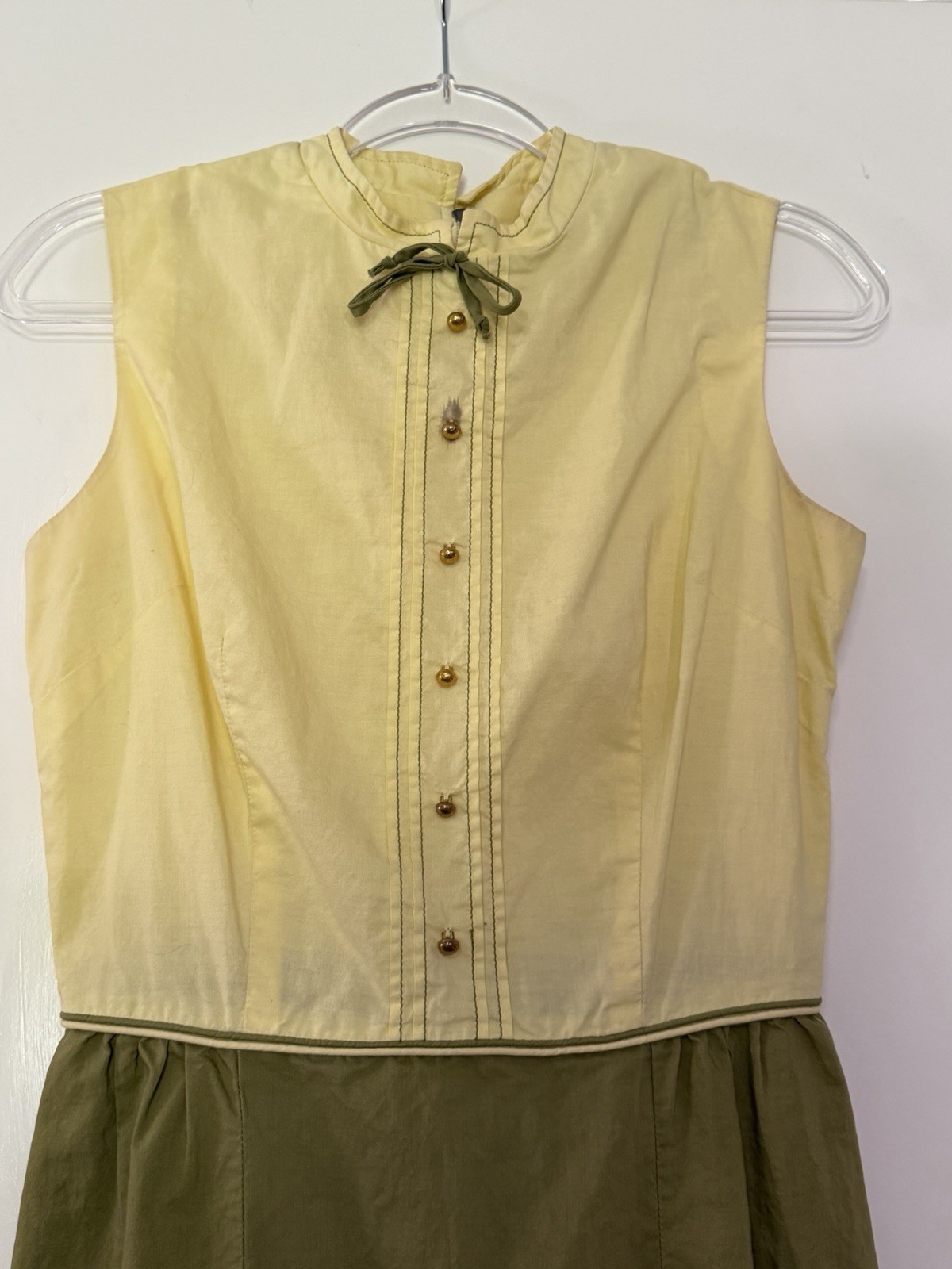 Vintage Bobbie Brooks USA Butter Yellow Olive Green Mod Shift Dress Cotton S/M
