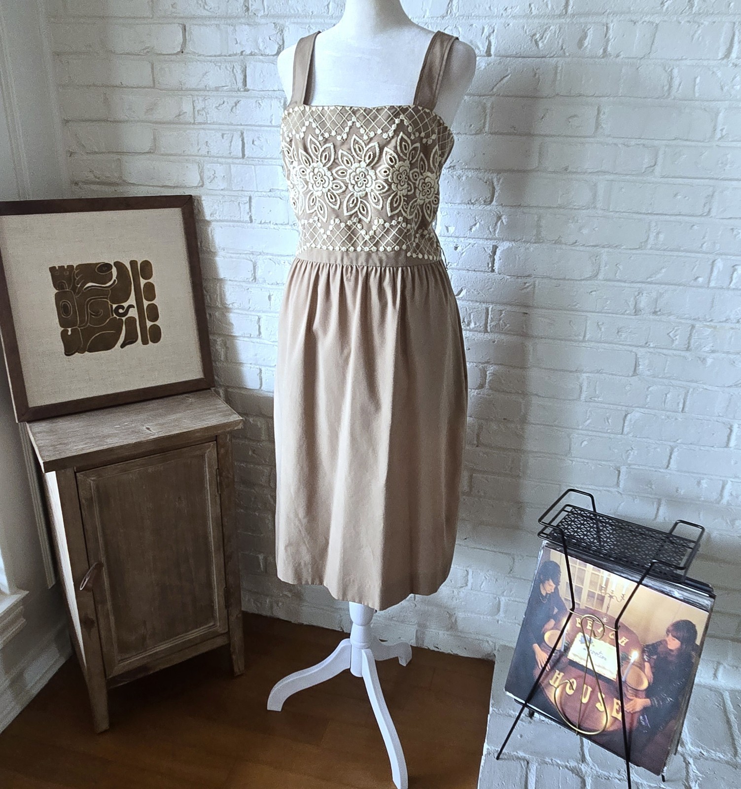 Vtg 70s Tan/Brown 2 Piece Set, Embroidered, Jacket & Dress, Union, M