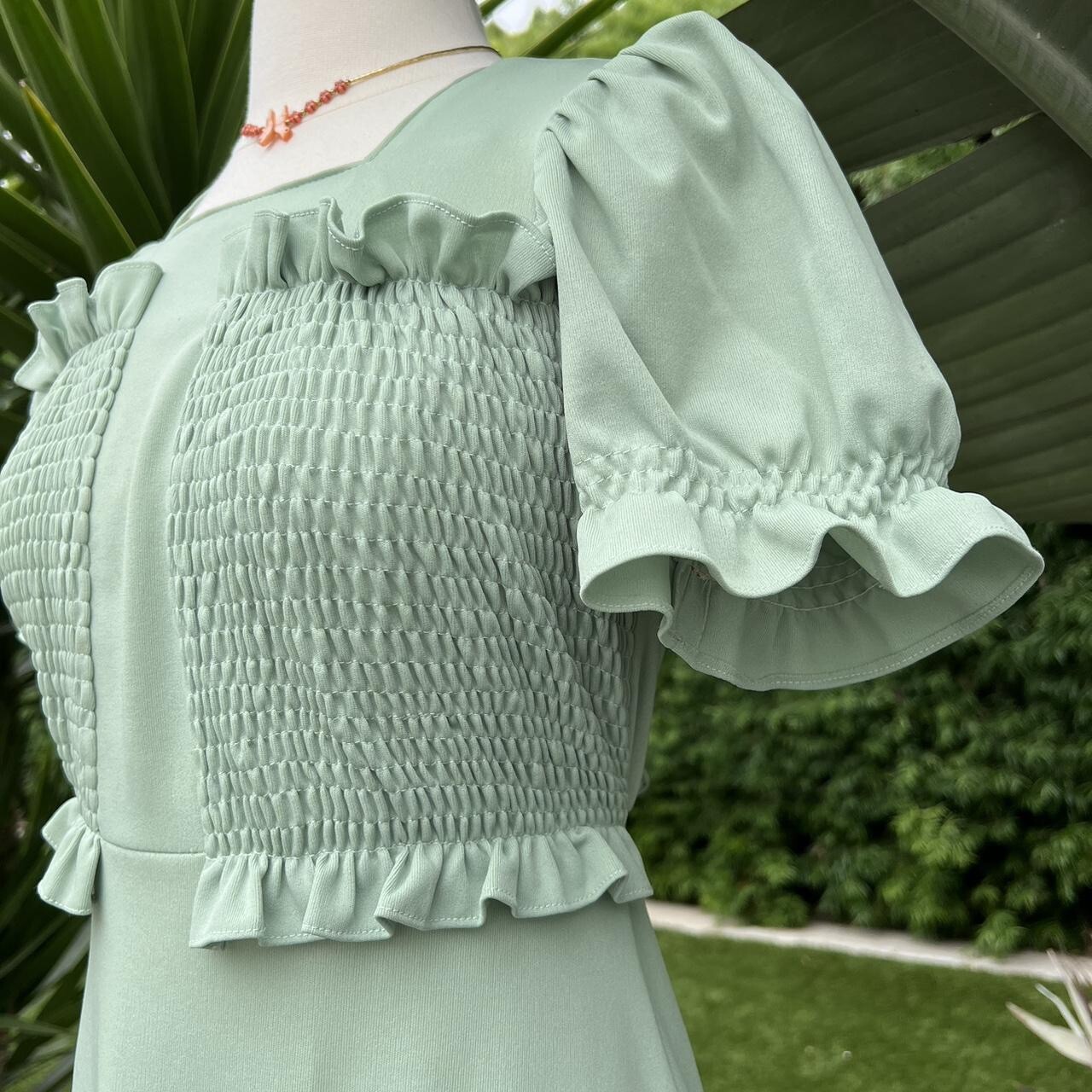 Vintage 1970s Green Olive Mint Long Maxi Dress Prairie Hippie Cottage Core Dress