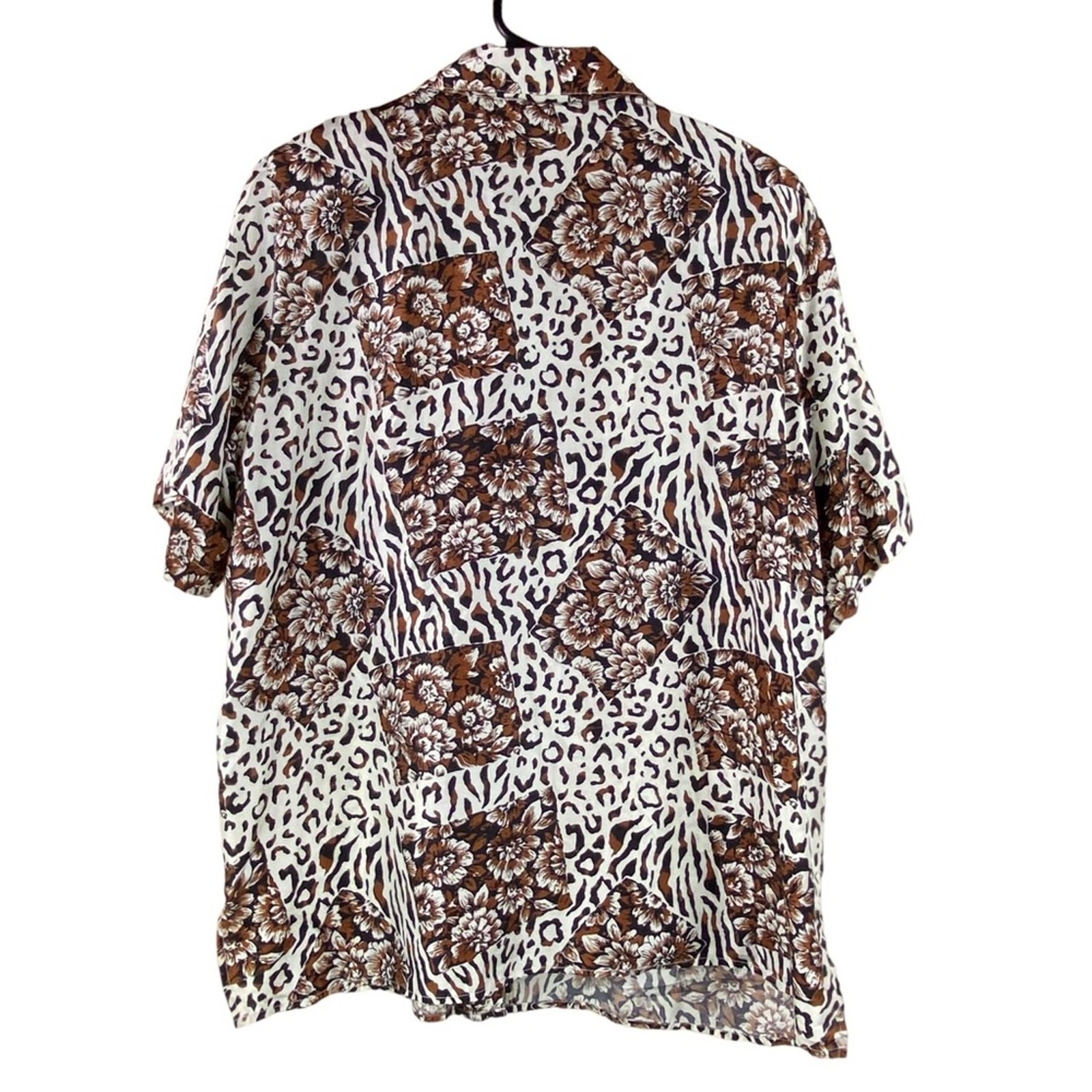 Vintage 100% Silk Floral Animal Print Shirt Blouse Size 1X Short Sleeves