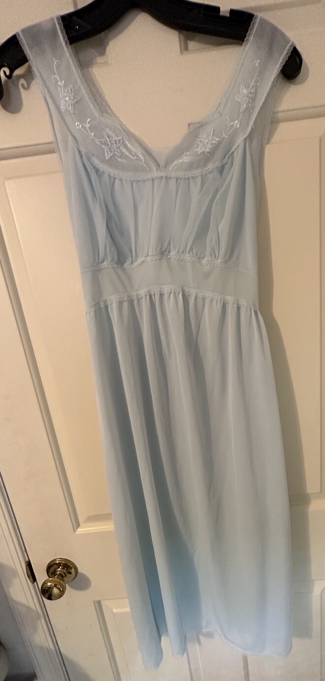 Vintage SEAMPRUFE Nylon Nightgown Semi Sheer Embroidered Accents Blue Size 34