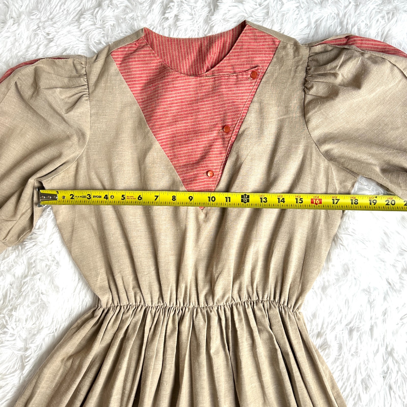Vintage Impromptu Prairie Cottagecore Peasant Dress Brown Pink Puff Sleeve Women