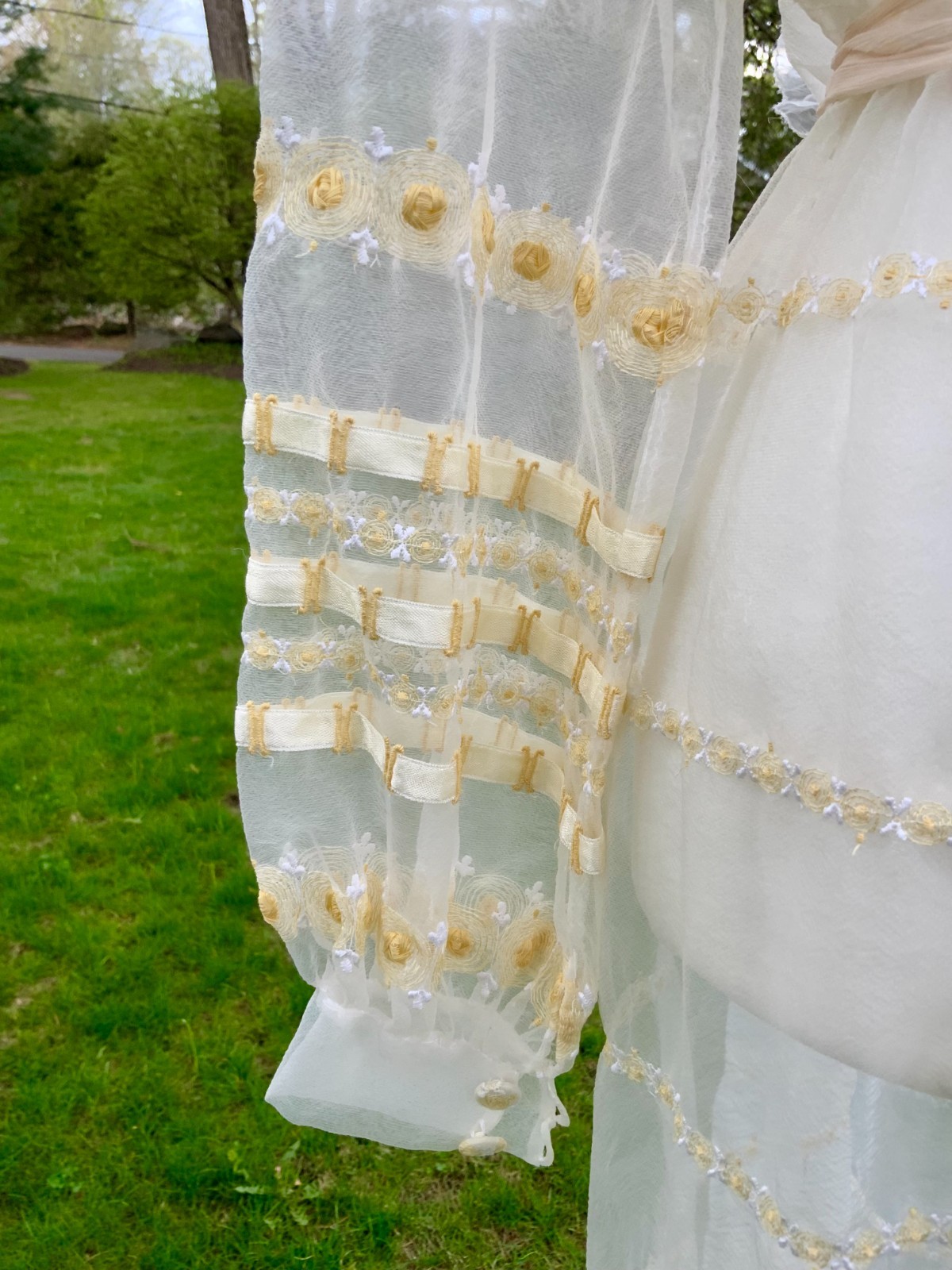 1970s Sheer Romantic Bridal Dress | Edwardian Revival Ivory with Ribbon