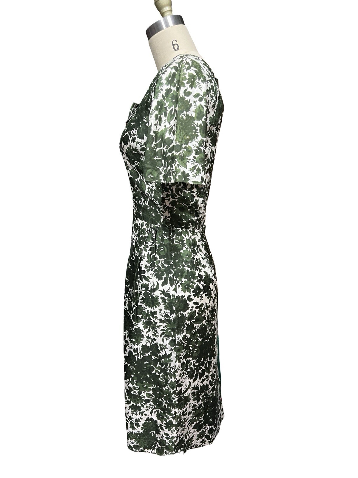 Vtg 1960’s Green Silk dupioni Wiggle day dress Notched Collar Frenchshire S