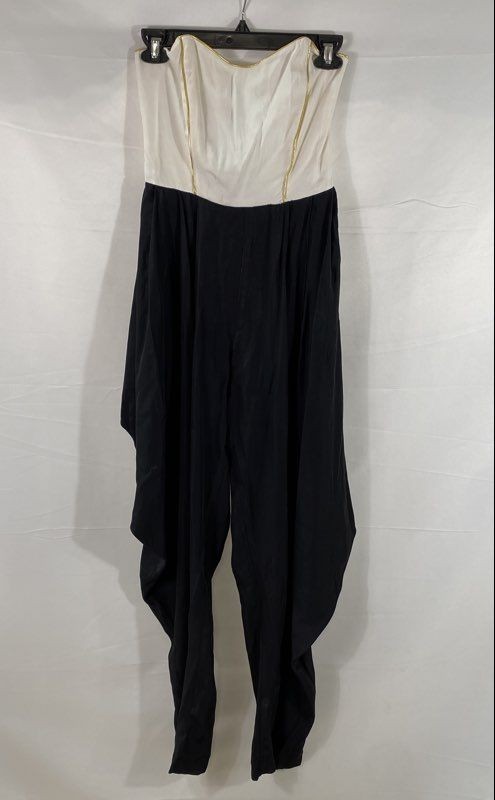Vintage 80s D. Frank Strapless Smocked Jumpsuit White Black Gold Trim NWT Sz 8