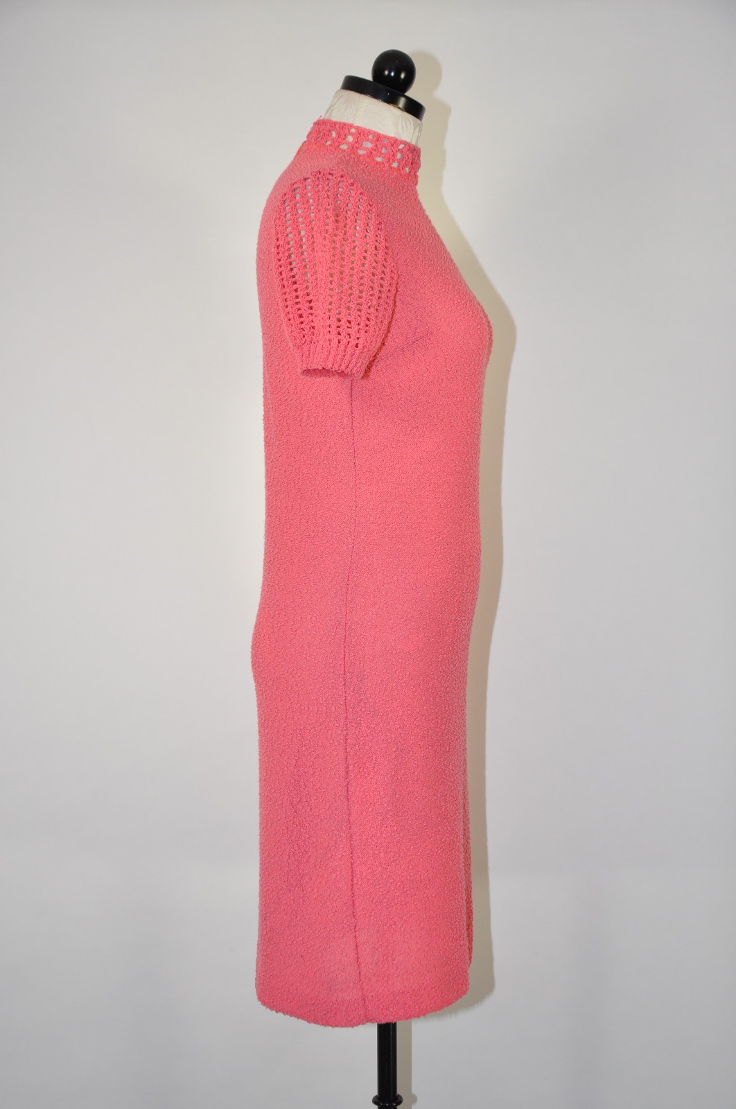 60s Vintage Salmon Pink Cotton Boucle Knit Short Sleeve Sweater Dress Women XS S