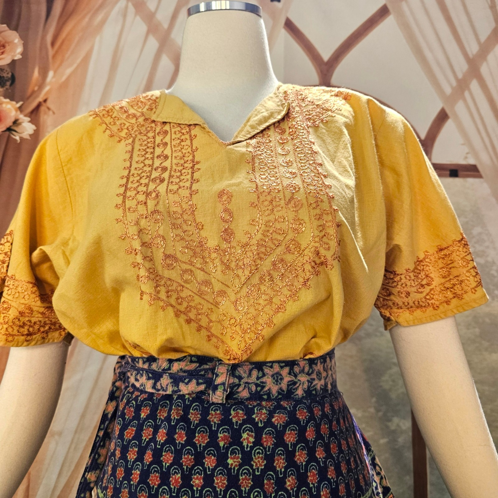 Vintage 1970s Blouse Top Shirt Mustard Yellow Embroidered India Short Sleeve