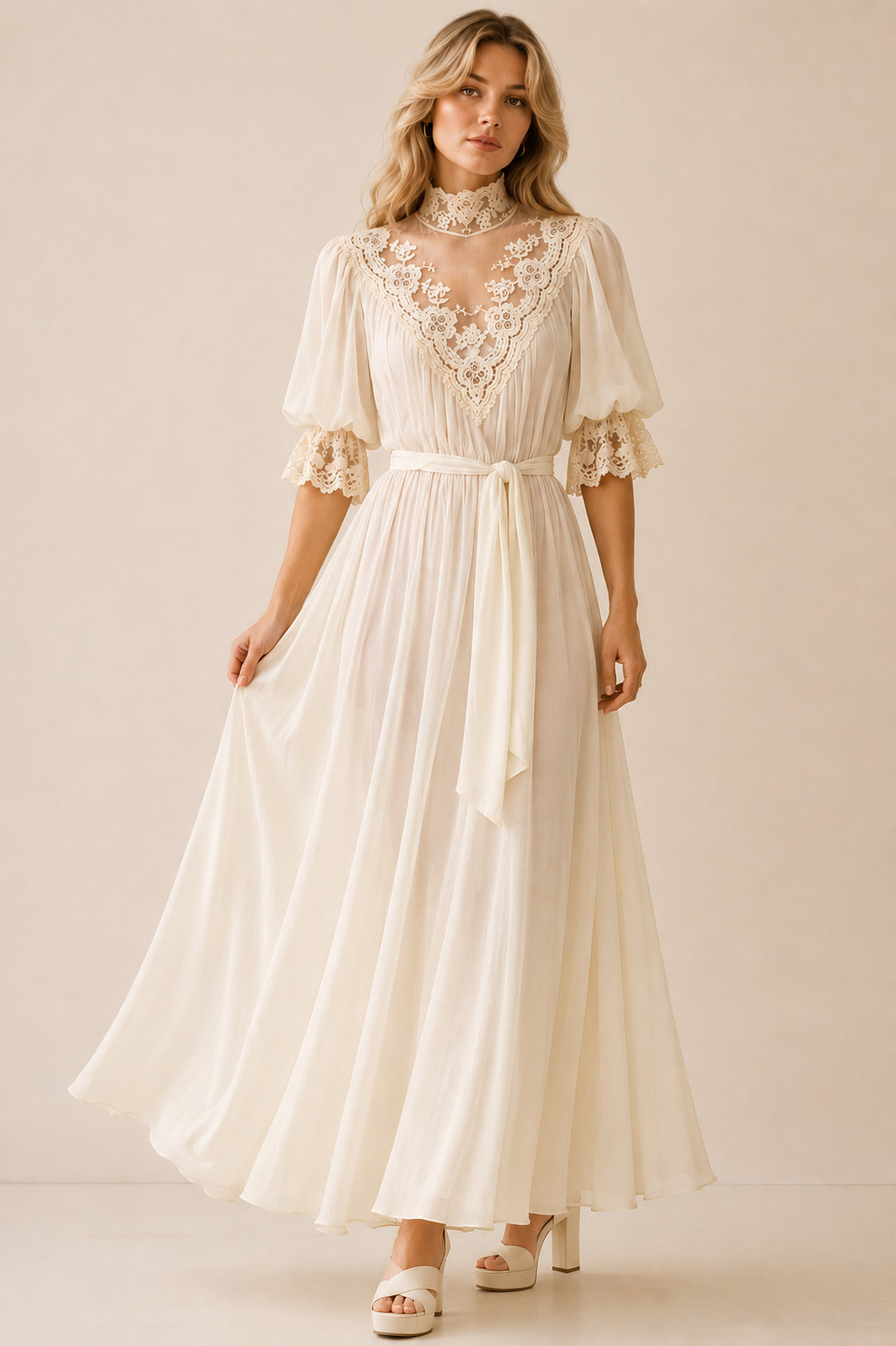 Vtg Victorian Renaissance Ivory Lace Prairie Wedding Dress Boho Sz 8 High Neck