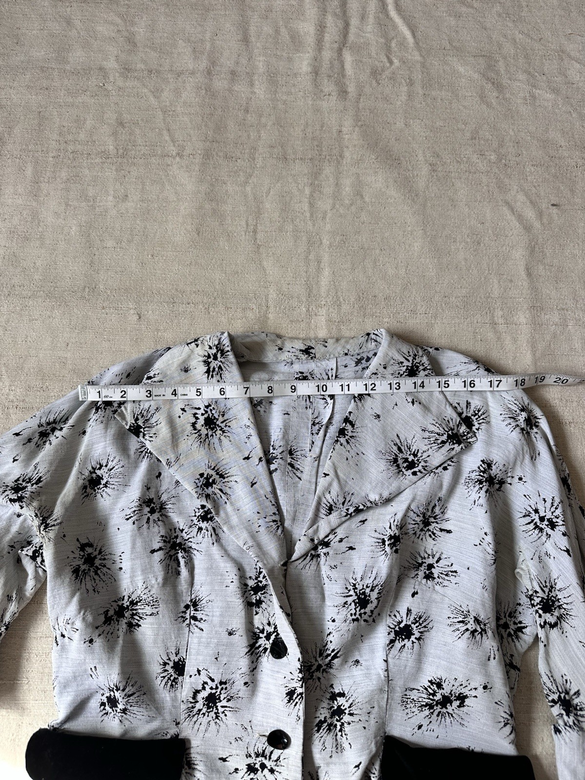 1940s Vintage French Rayon Jacket Blouse Grey Printed Top Womens Medium