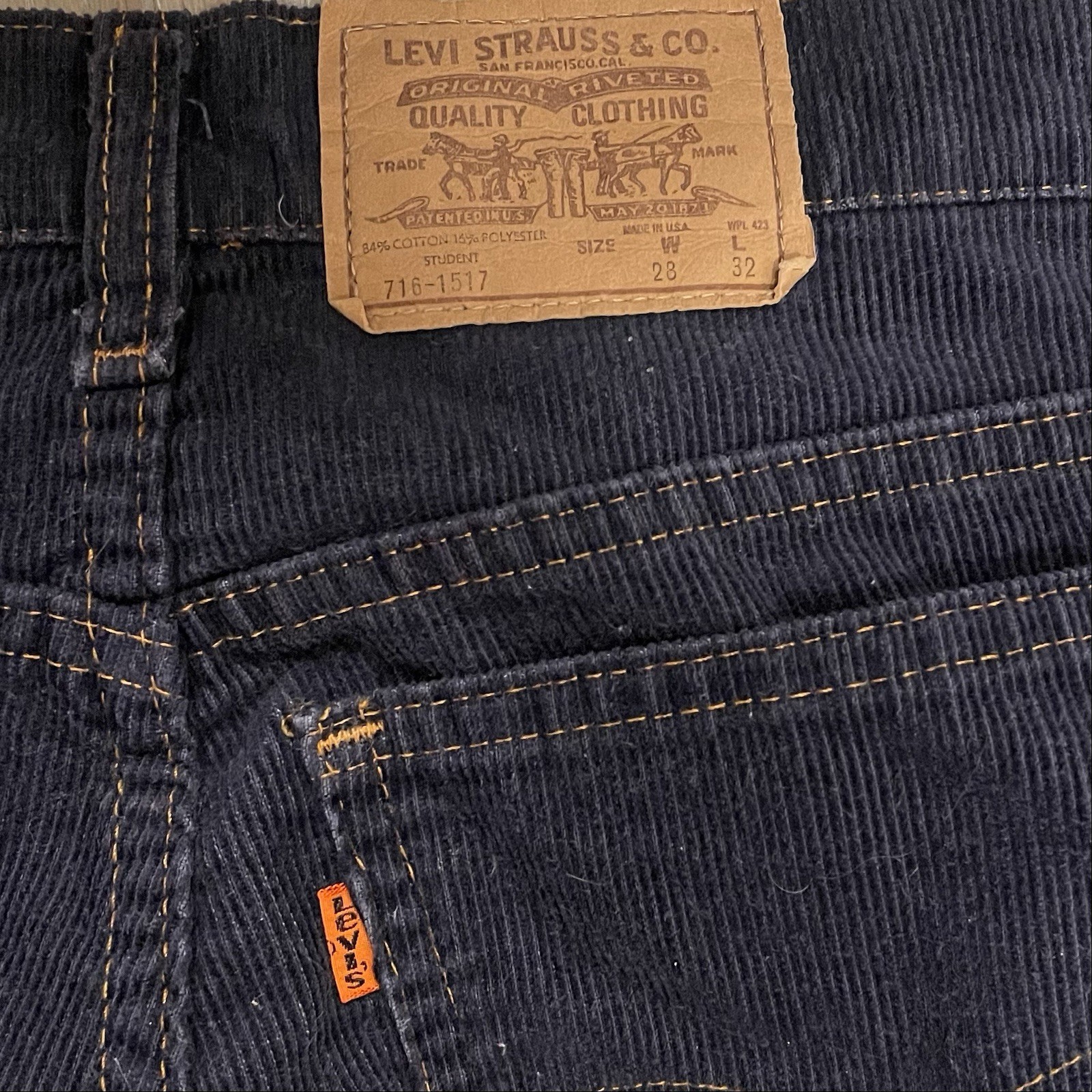 Vintage 70s Levis Orange Tab 716 Student Blue Corduroy Pants 28×32