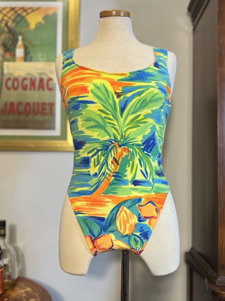 Vintage 1990s Deadstock Neon Hawaiian Criss-Cross Palm Swimsuit
