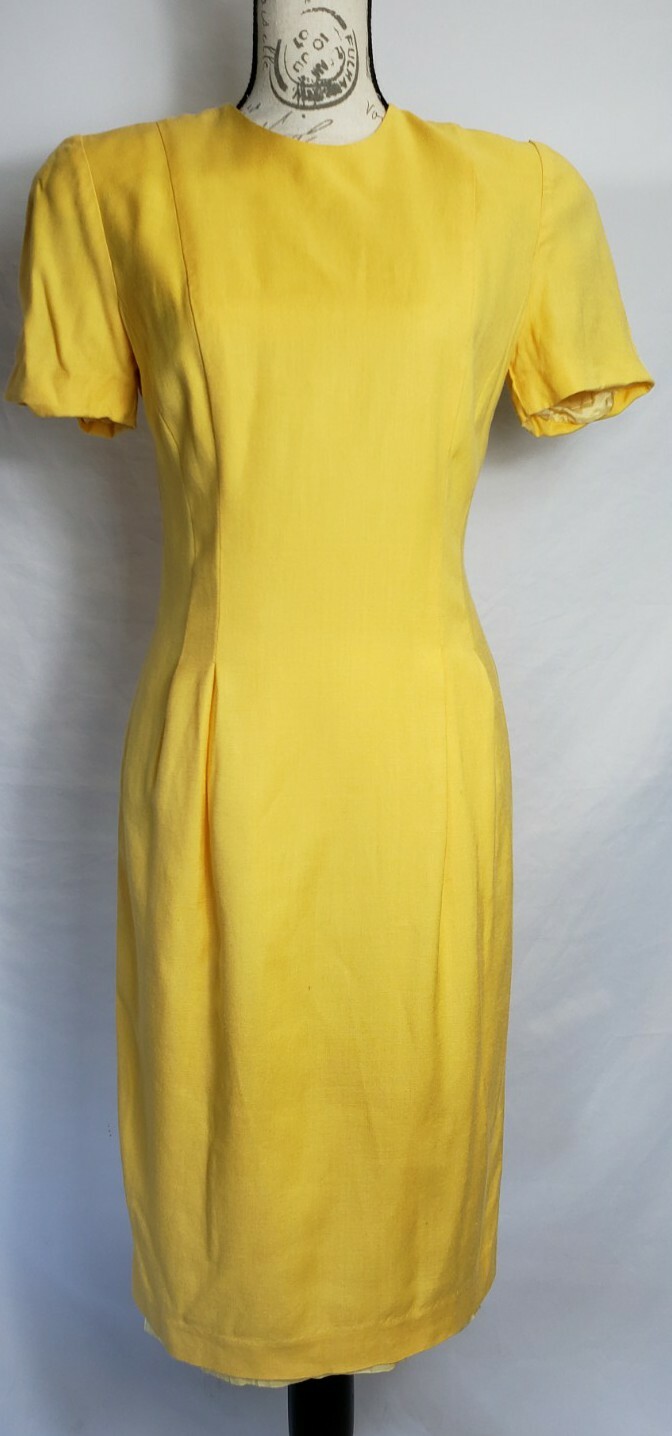 Vintage 80s Sara Campbell Womens Sheath Yellow Pencil Dress Size 6