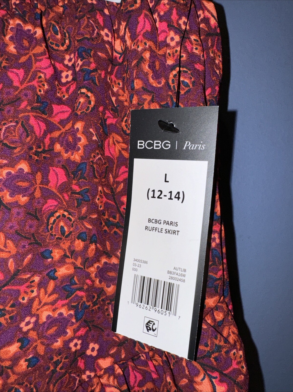 Womens Large Ruffle Skirt, Short, Lined, Paris, Wine Floral BCBG NWT 30” X 18”