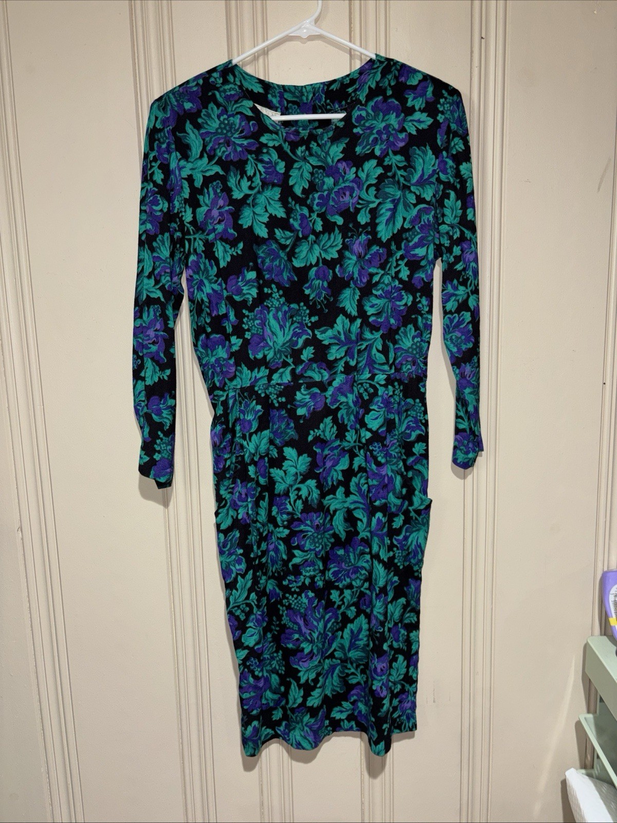 Vintage Moda International Dress Victoria Secret 80s-90s Floral Teal Purple Belt