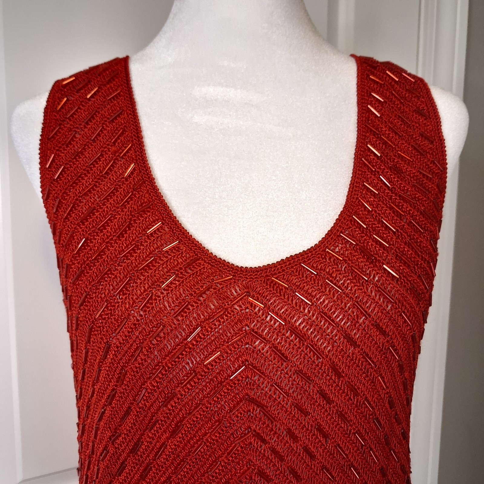 Vera Cristina Red Beaded Knit Tank Top L Large Dress Blouse