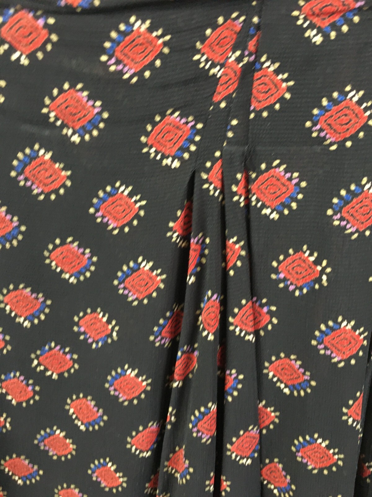 VTG Carole Little Tribal Print Size 4 Long Slim Faux Wrap Skirt Black Red Gold