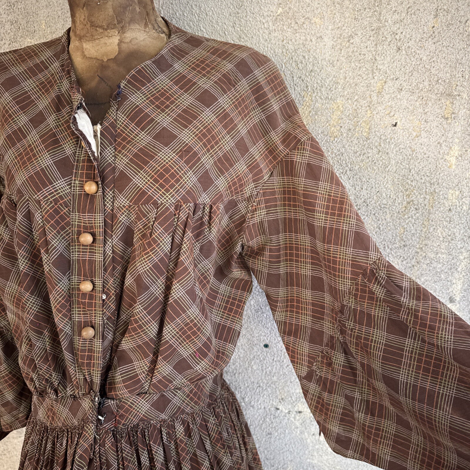 Vintage 1930s Brown Green & Orange Plaid Linen Dress Maxi Bell Sleeves Wooden