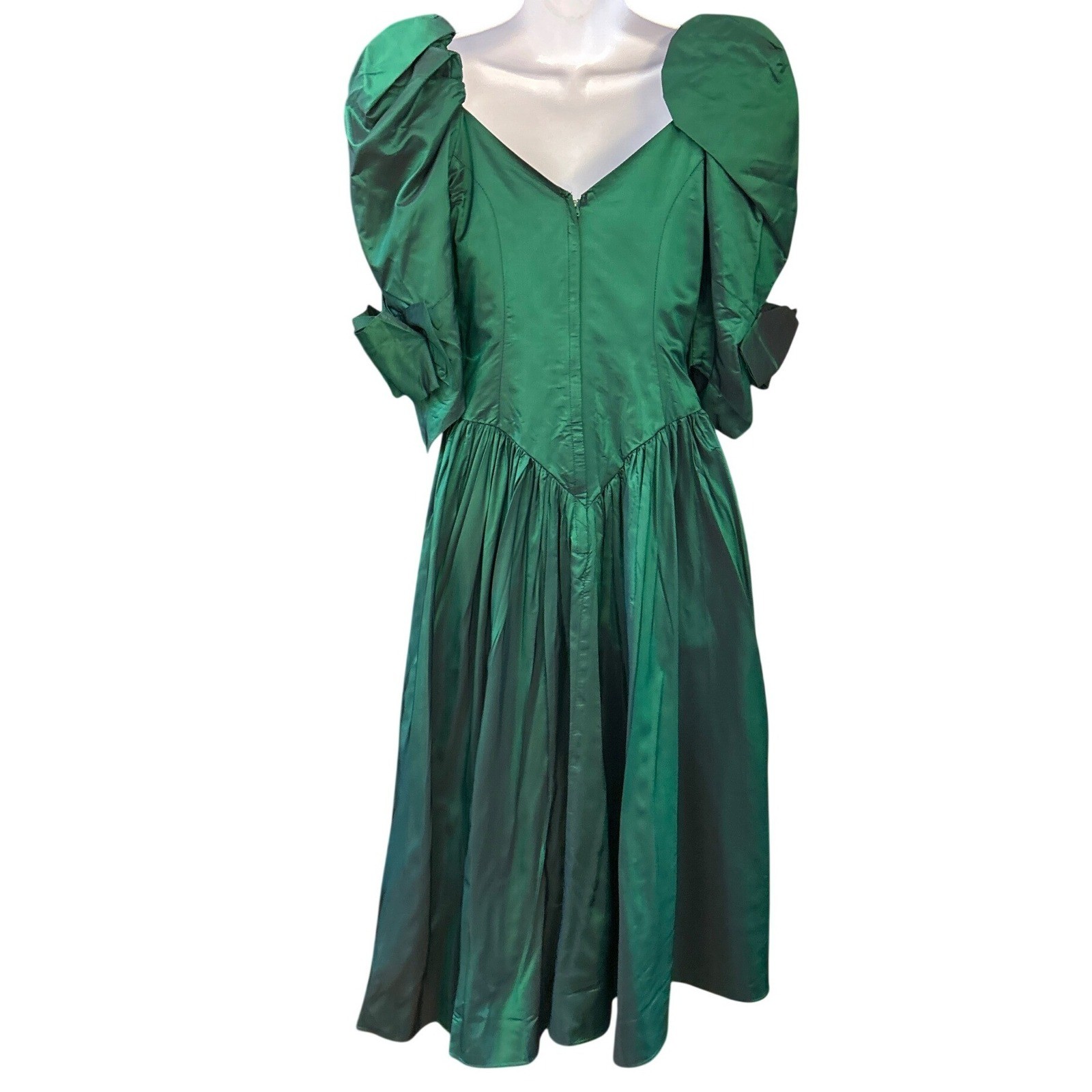 80s Unbranded Taffeta Dress Emerald Green Puff Sleeve Prom Party Gown Vintage