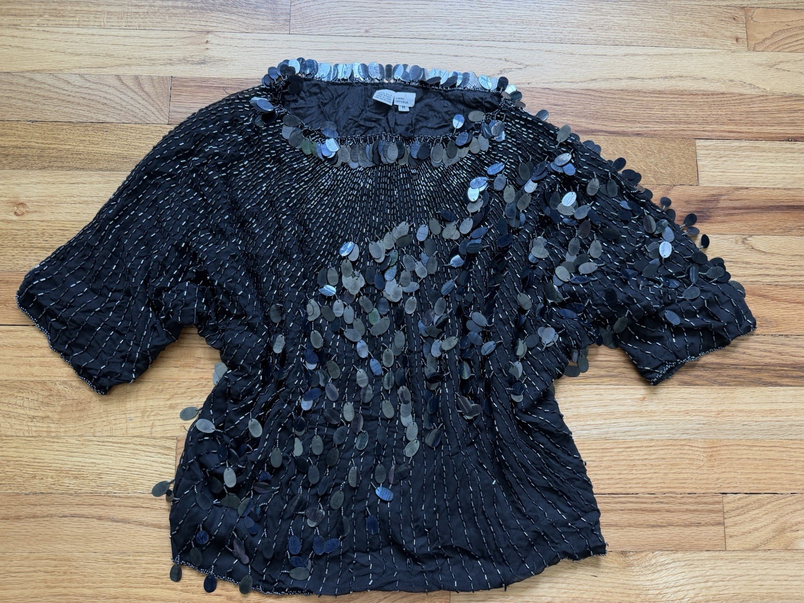 Vintage Oleg Cassini 100% Silk Hand Beaded Black Sequin Top Size M