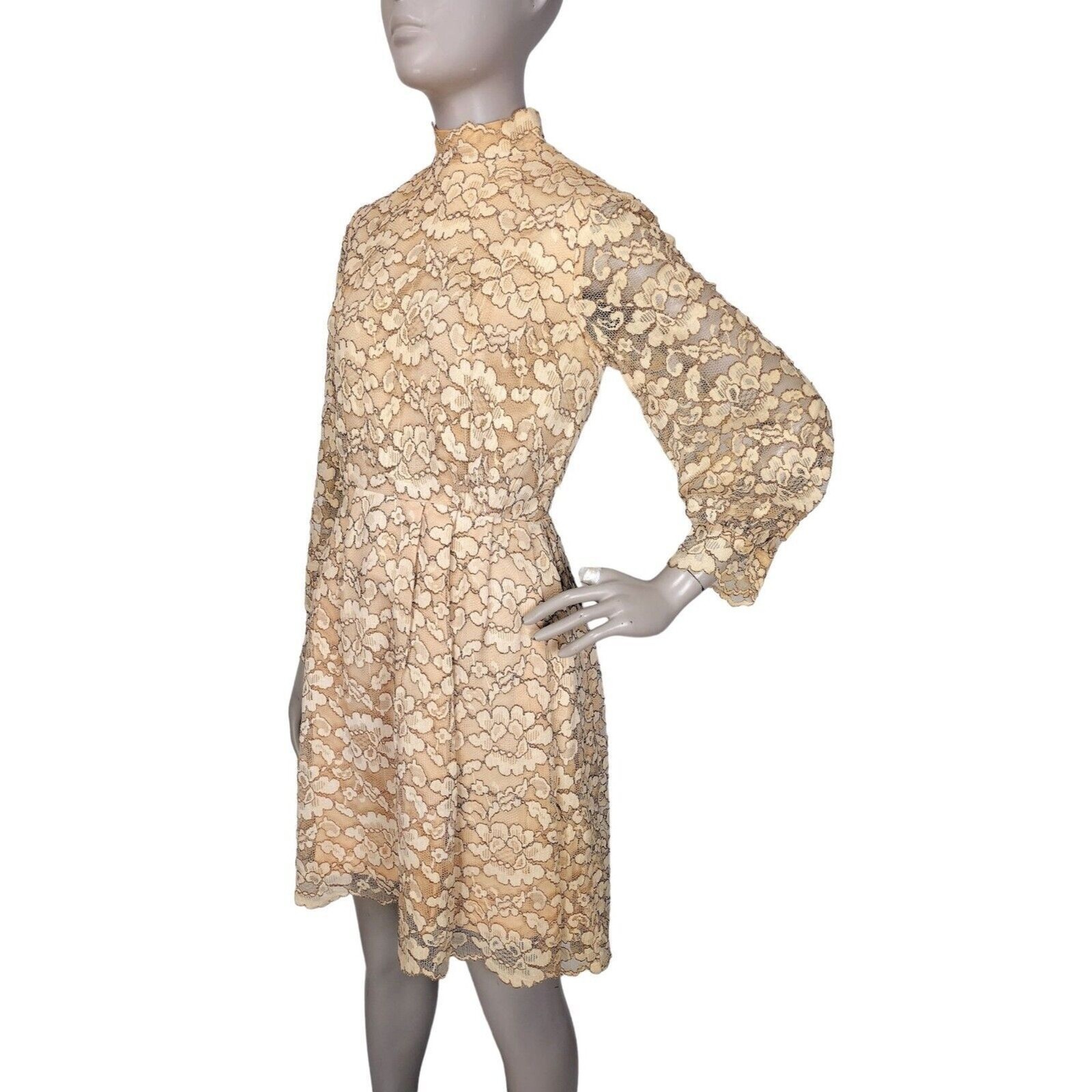 Vintage 60s Beige Gold Floral Lace Scalloped Edge Balloon Sleeve Mini Dress