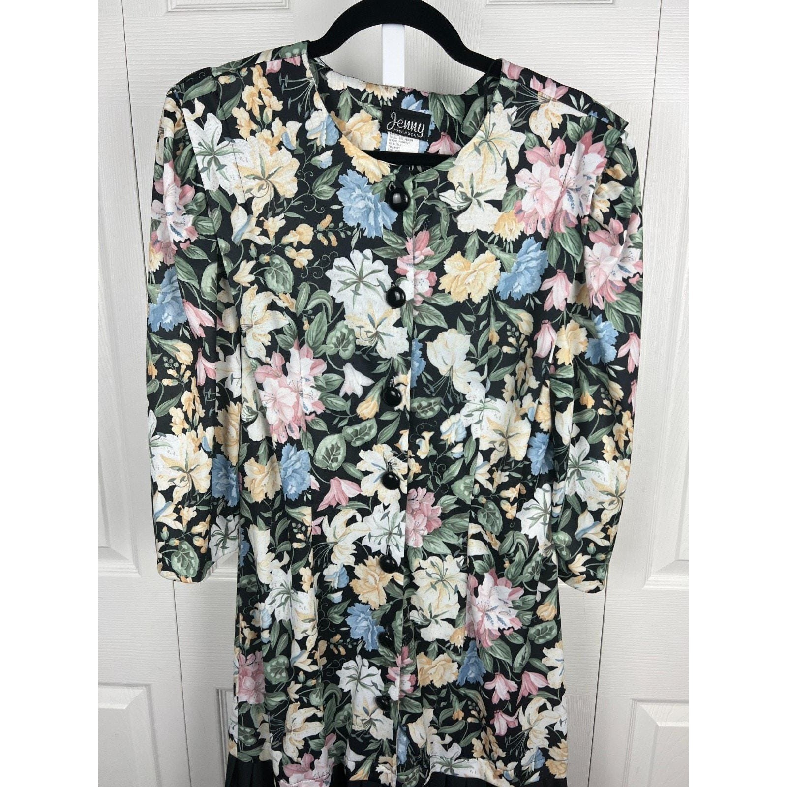 Jenny Vintage 90s Floral Midi Dress Cottagecore Grunge Secretary Black Multi 14