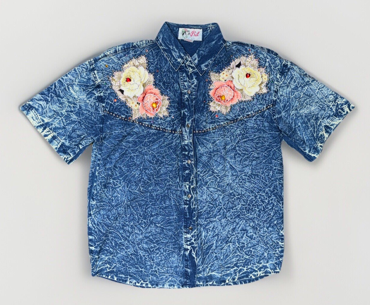 Vintage 80’s Denim Shirt Pret” Bling Denim Button Down Size Large Coastal Grandm