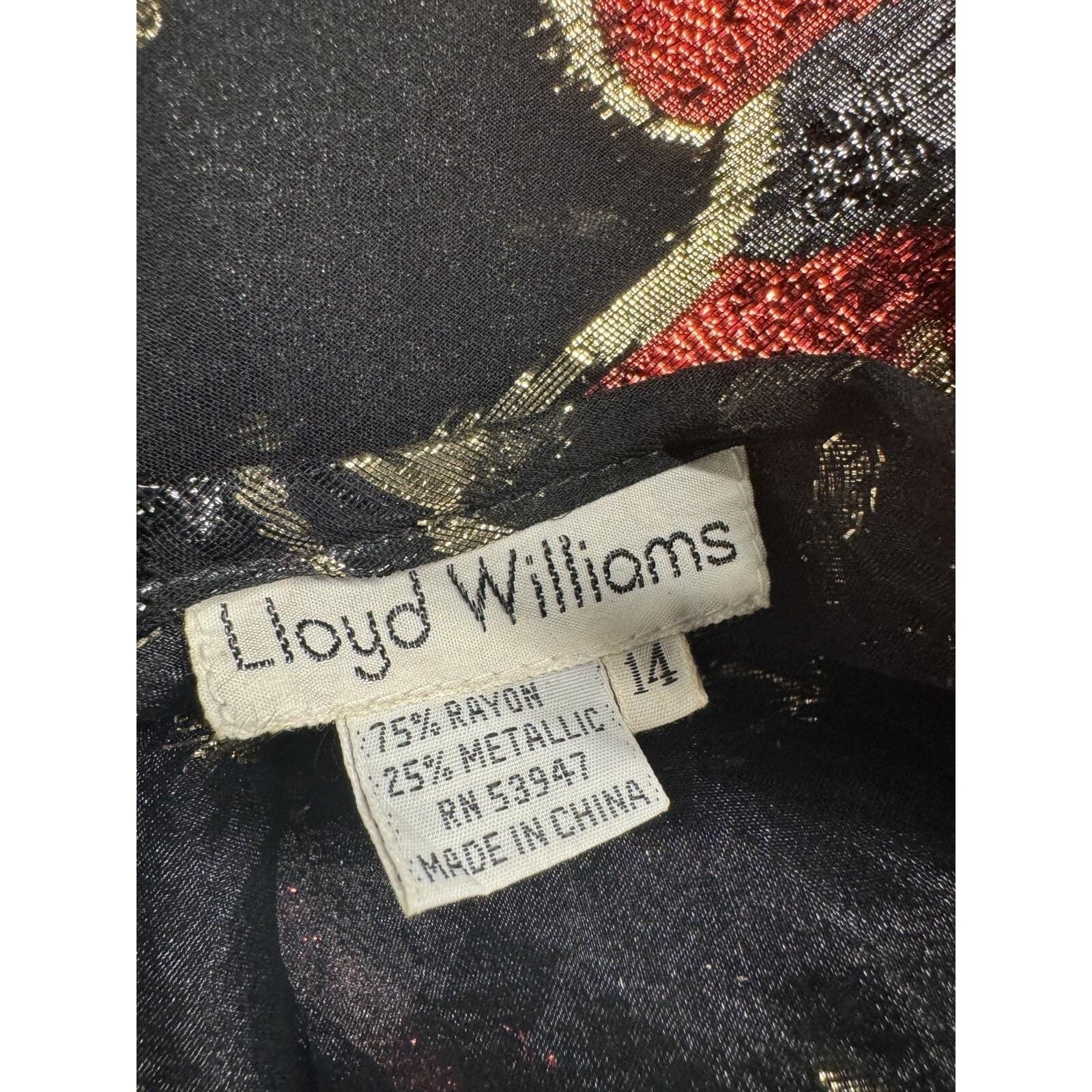 Lamé Metallic Blouse 80s Disco Lloyd Williams Red gold black Floral Top 14 New