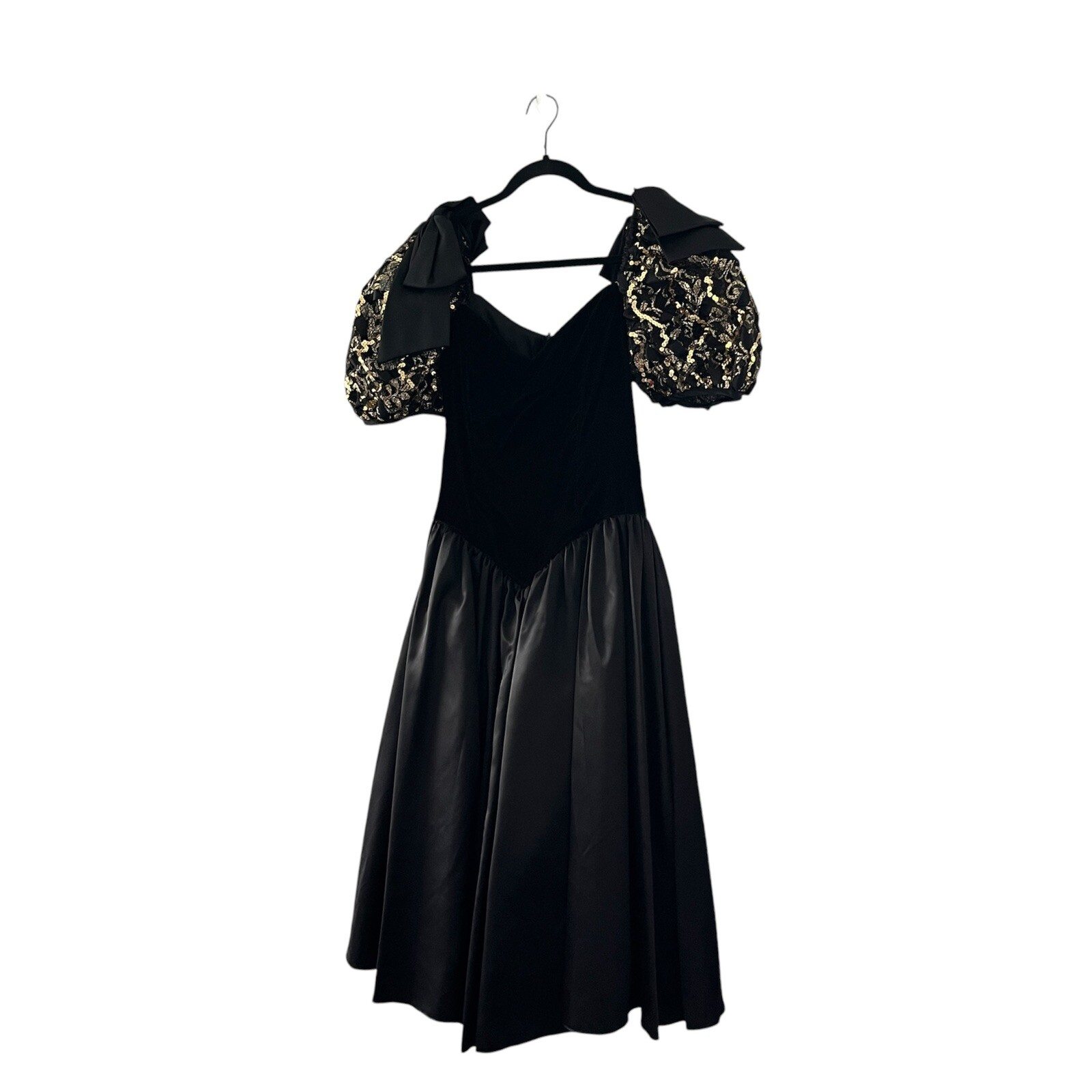 Vintage Roberta Black Velvet Tafetta Puff Sleeve Dress Satin Bow Gold Sequin