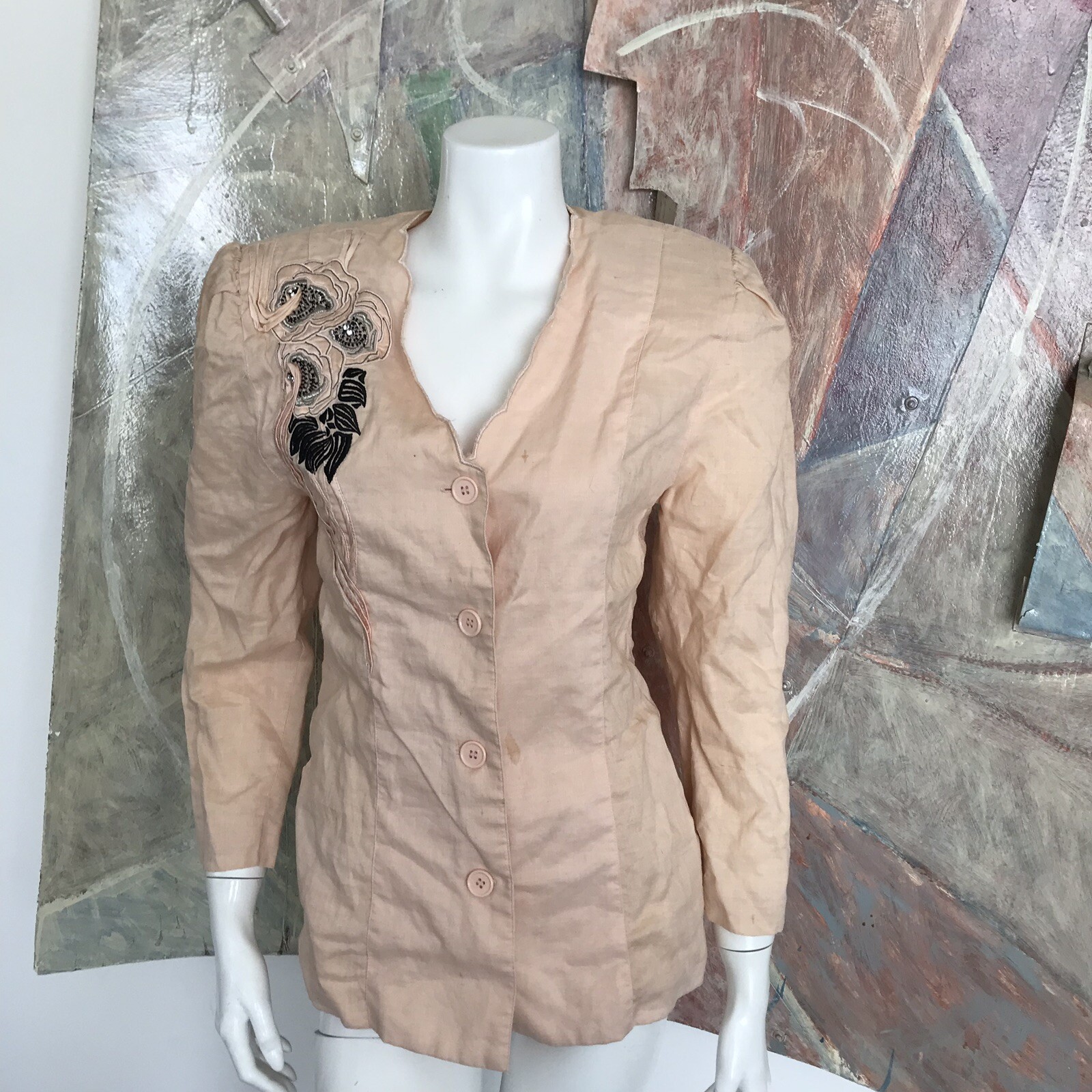 Vintage Pia Rucci Embroidered Floral Coral Buttondown Blouse Top 1980s 80s SZ 8