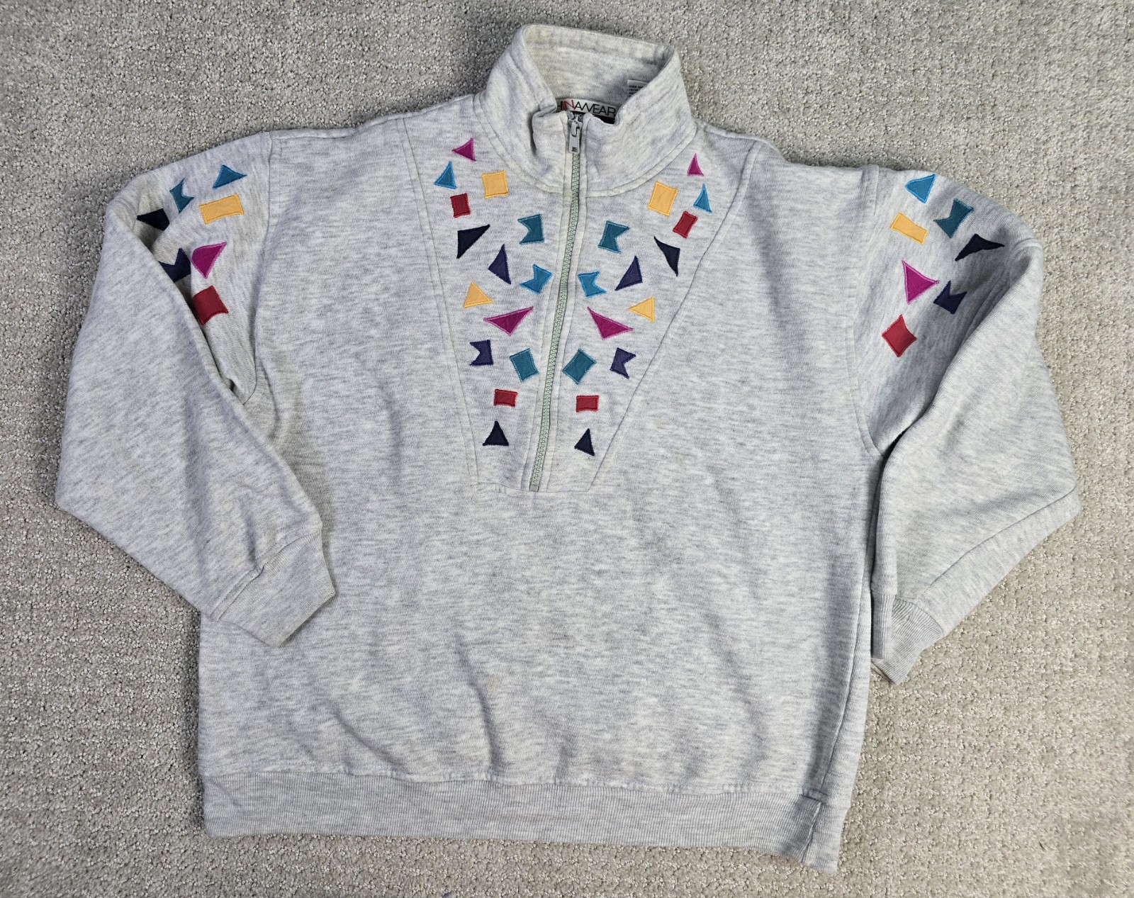 Vintage Chinawear Morsly M Gray Aztec Geometric Retro Zip Sweatshirt READ SPOTS