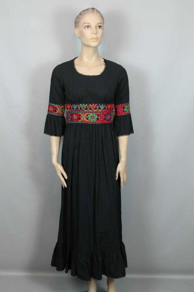Vtg 70s RUTH NORMAN for GAY GIBSON Ethnic Embroidered Black Fit Flare Dress 9