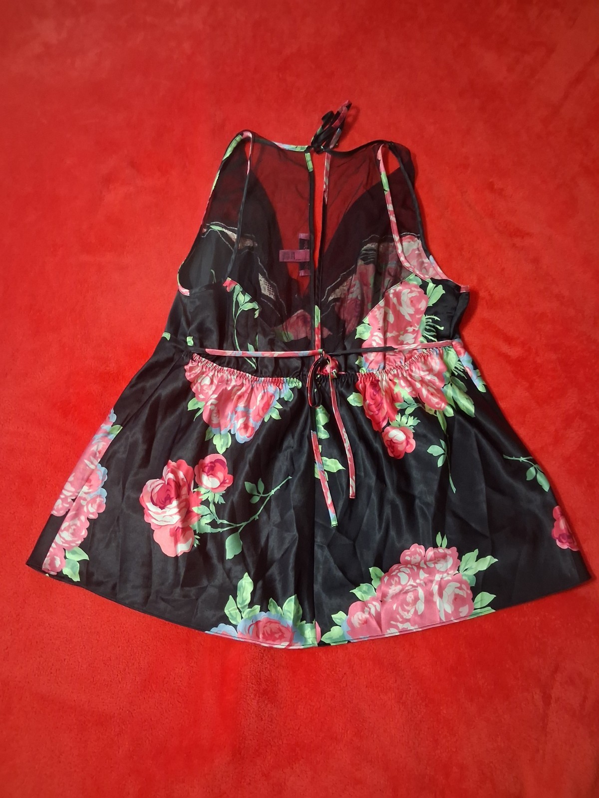 Betsey Johnson Large Cami Top Lingerie Vintage Nylon Black Floral Pretty