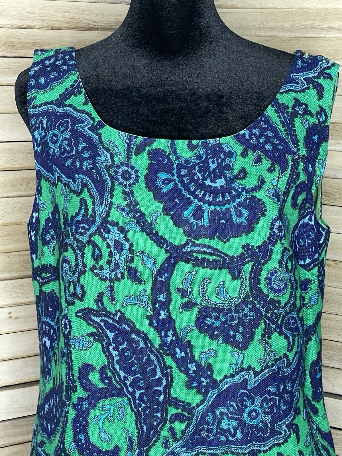 Vintage Loubella Originals Sheath Dress Bold 60s Lime Green and Navy Paisley *10