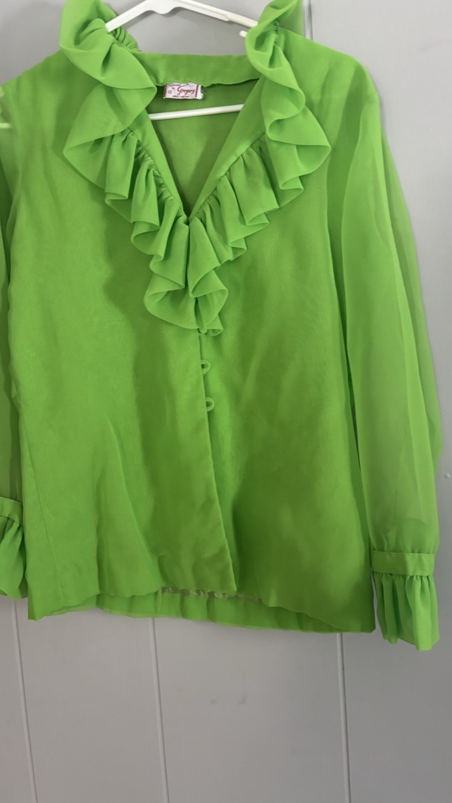Lime Green Vintage 1960s Ruffle Blouse Shirt Retro Costume Mad Men Era Gregory
